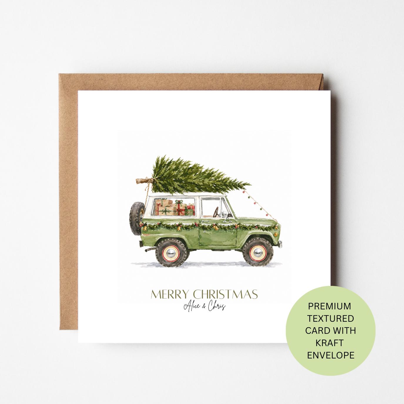 Personalised 4x4 Christmas Card, Green Vintage Car Watercolour, Elegant Textured Festive Vehicle Card