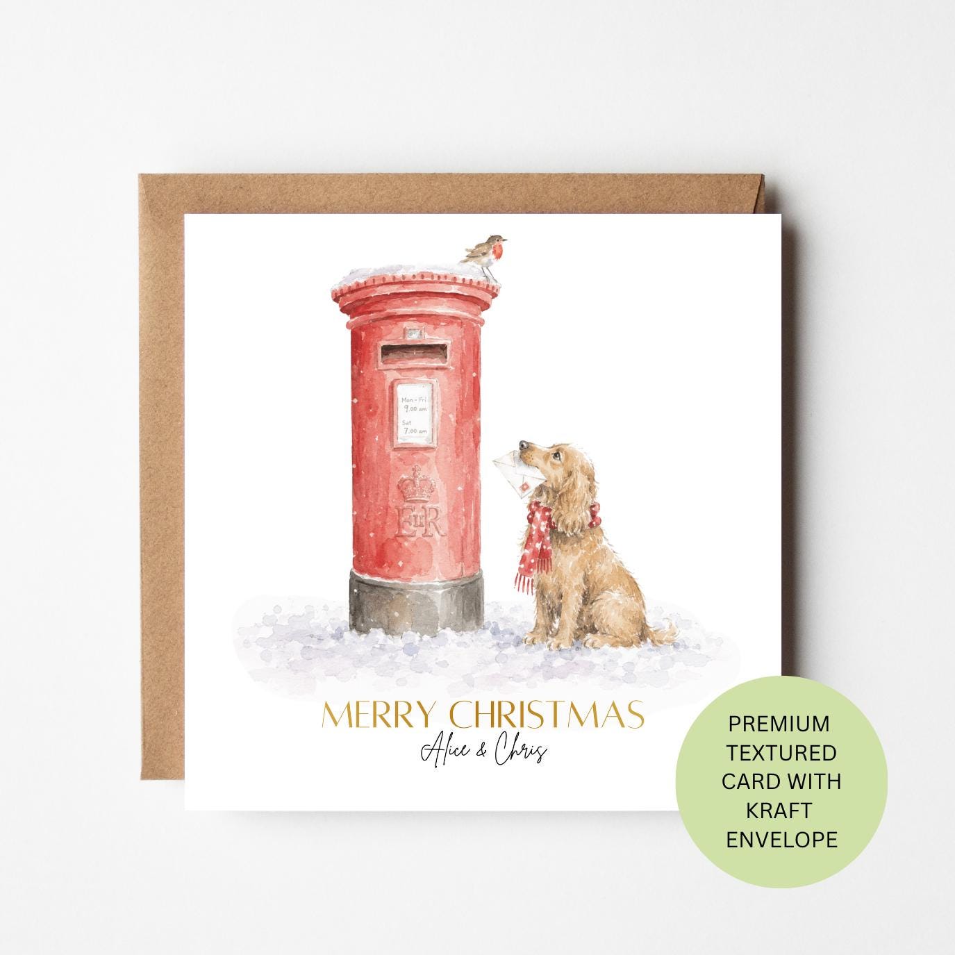 Personalised Golden Retriever Christmas Card, Red Post Box Watercolour, Elegant Textured Dog Lover Card