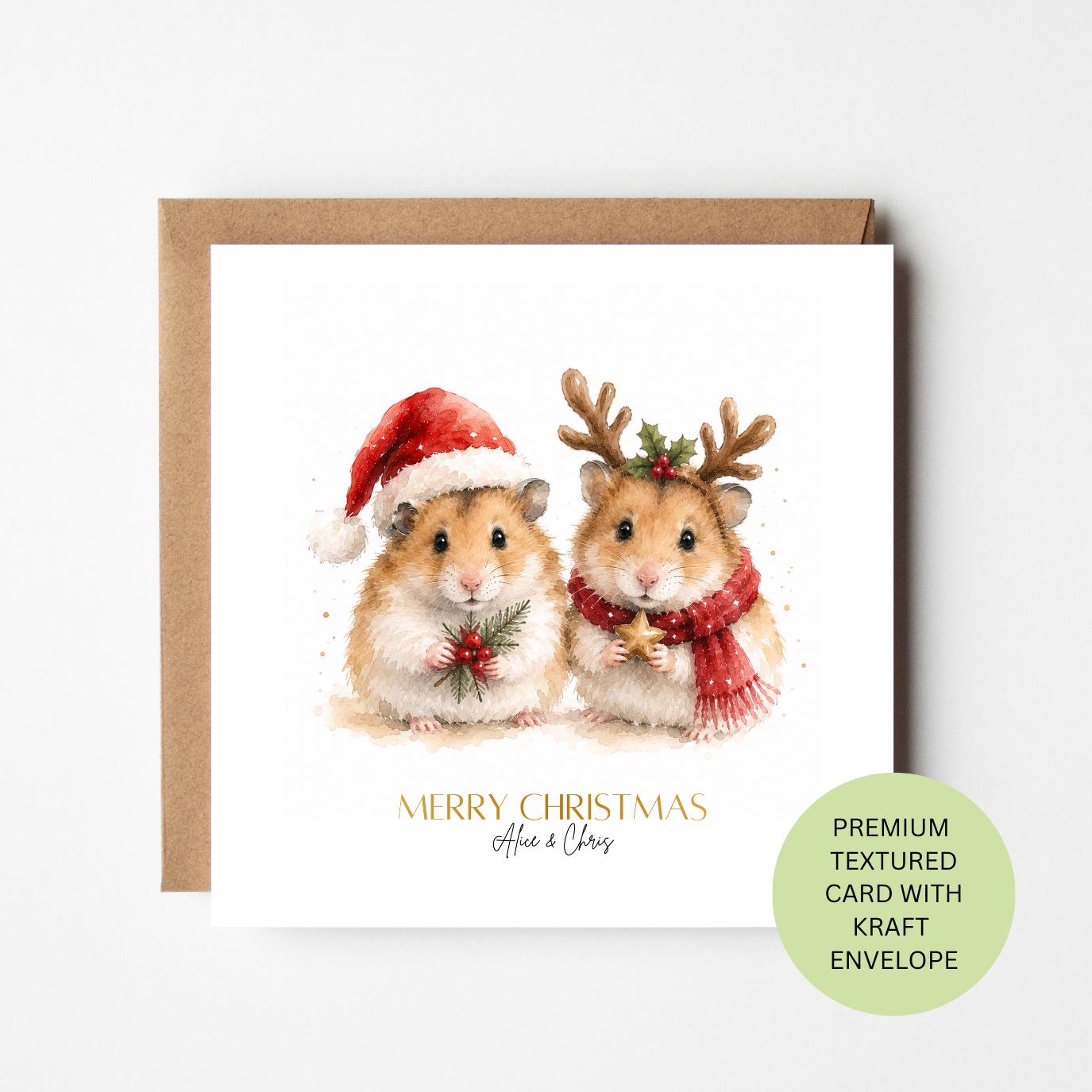 Personalised Hamster Christmas Card, Watercolour Pet Festive Greeting, Textured Kraft Envelope