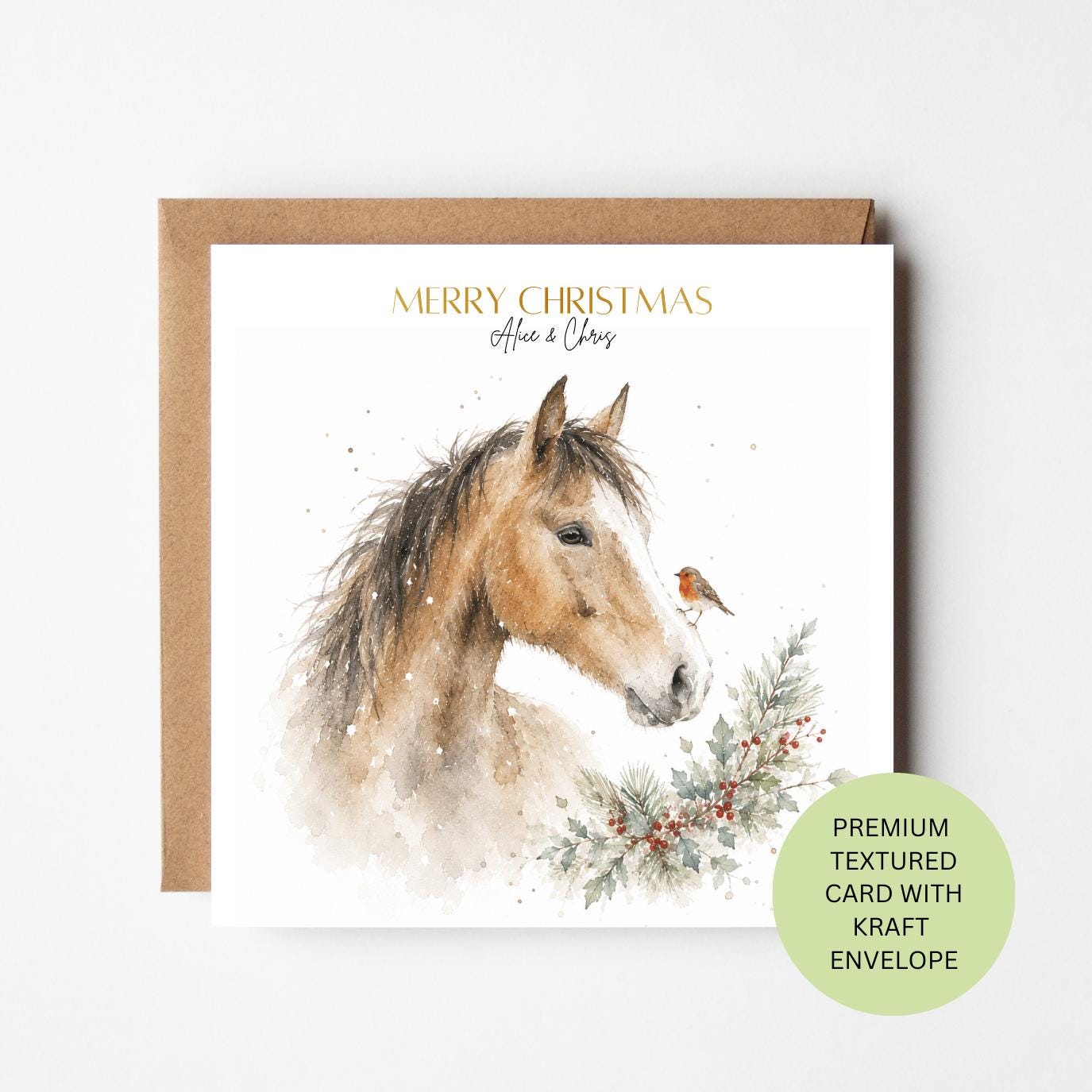 Personalised Horse Christmas Card, Robin Holly Watercolour Portrait, Textured Kraft Envelope