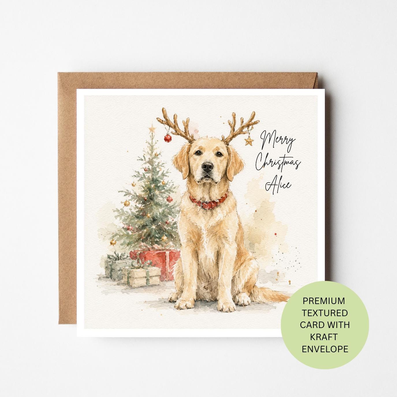 Personalised Golden Retriever Christmas Card, Reindeer Antlers Watercolour Card