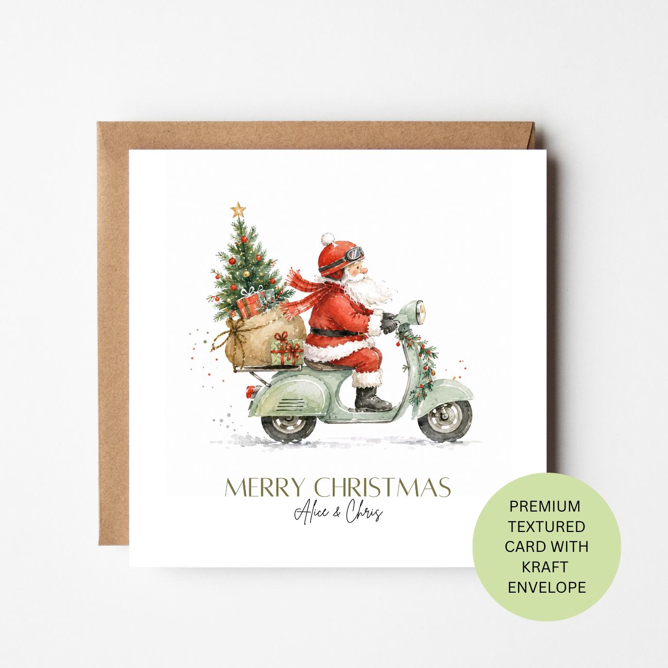 Personalised Santa Scooter Christmas Card, Vintage Vespa Watercolour Art, Textured Stationery