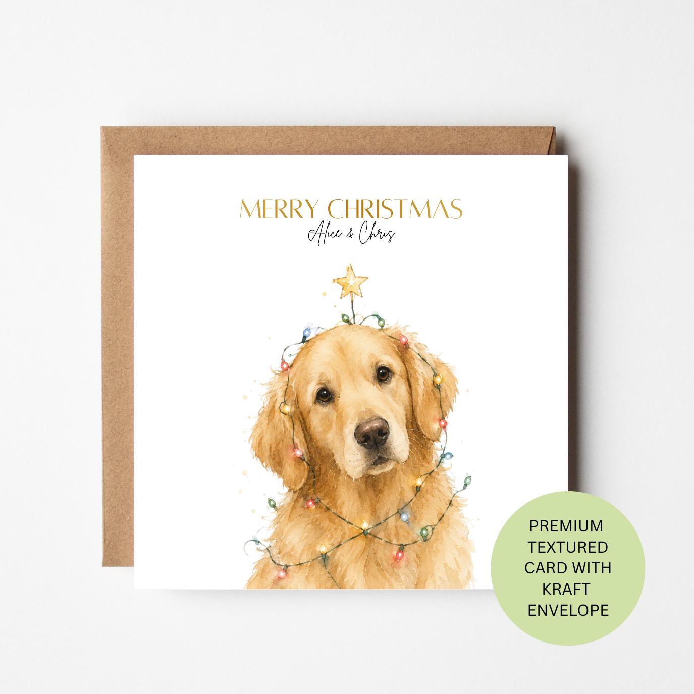 Personalised Golden Retriever Christmas Card, Fairy Lights Watercolour Card