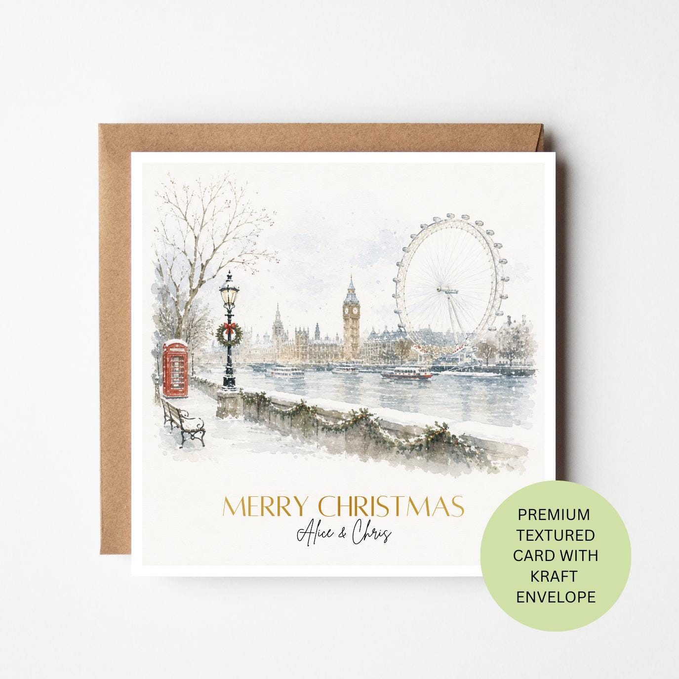 Personalised London Christmas Card, Big Ben Snowy Watercolour Greeting Card