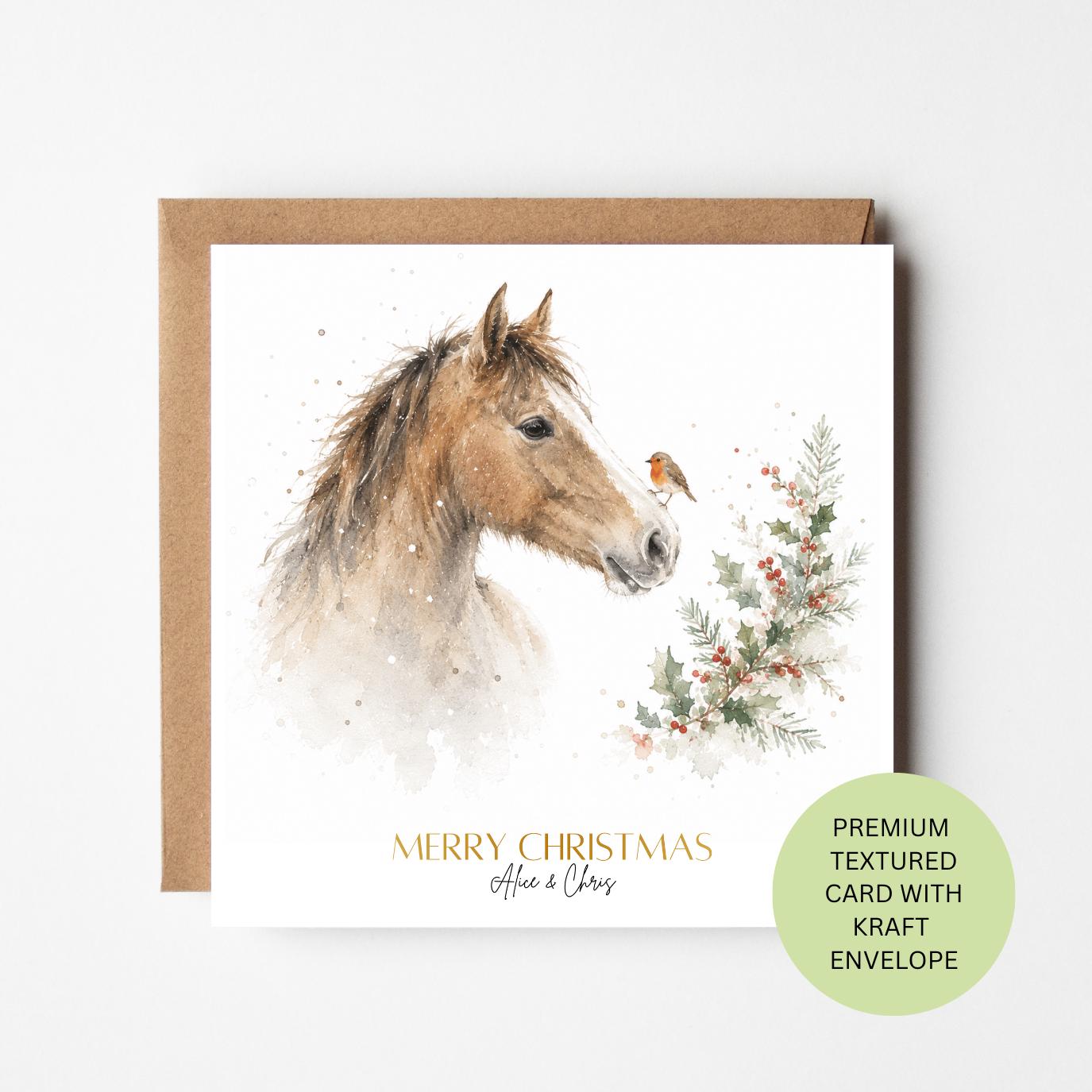 Personalised Horse Christmas Card, Watercolour Robin Greeting, Textured Kraft Envelope