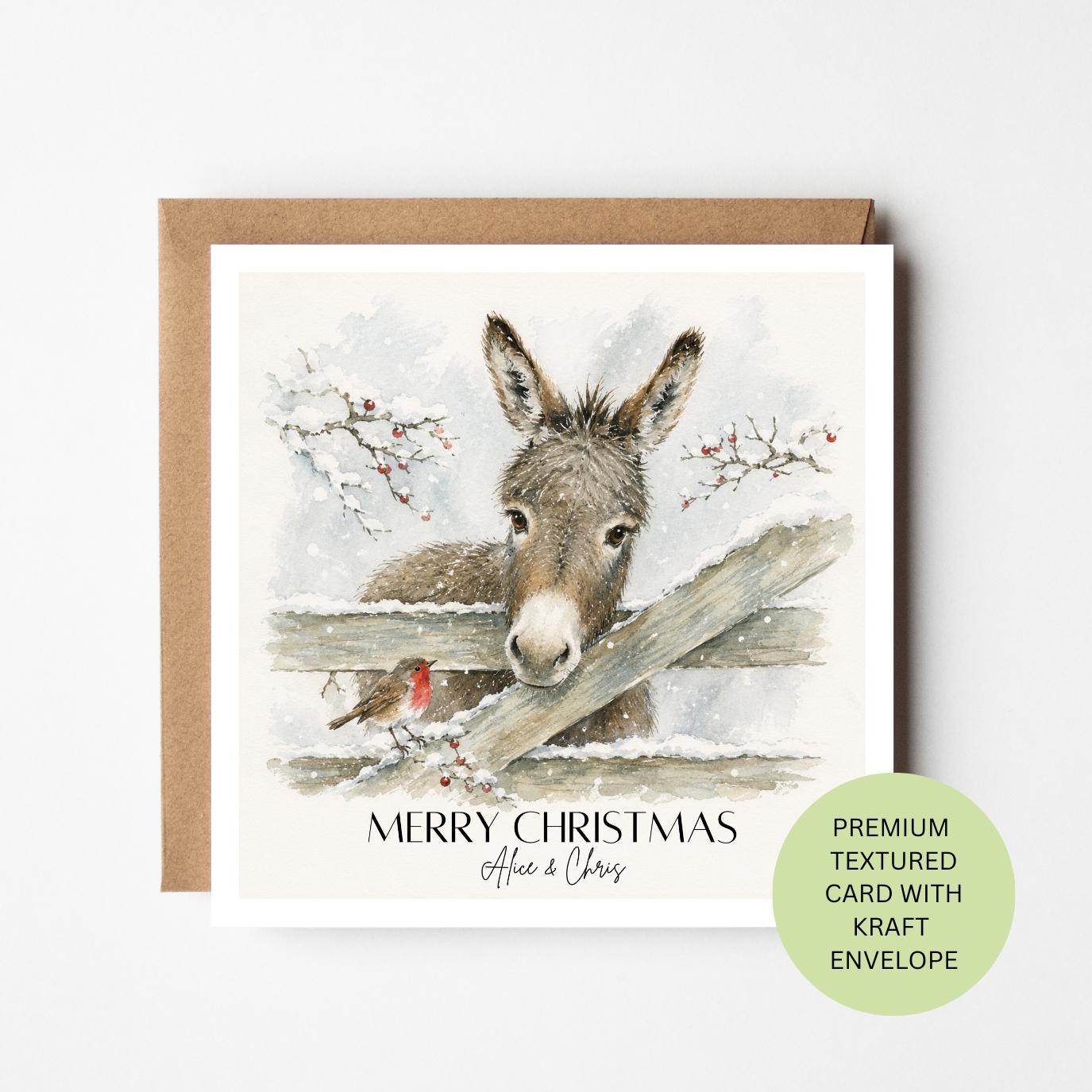 Personalised Donkey Christmas Card, Robin and Snowy Gate Watercolour, Elegant Textured Country Card