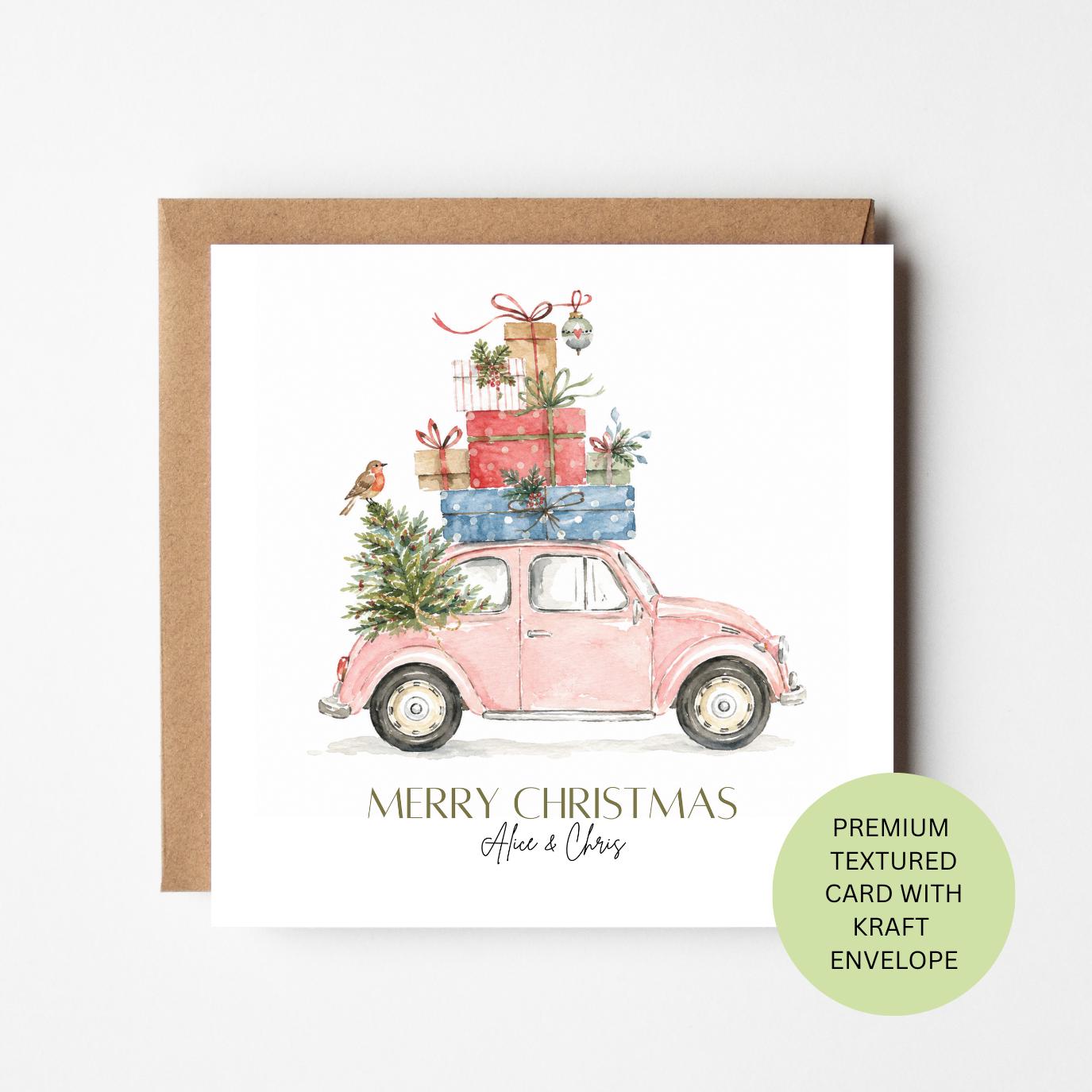 Personalised Pink Car Christmas Card, Watercolour Presents Tree, Elegant Textured Stationery