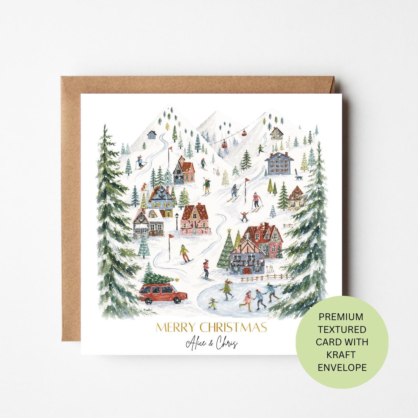Personalised Ski Village Christmas Card, Watercolour Textured Greeting, Custom Family Xmas