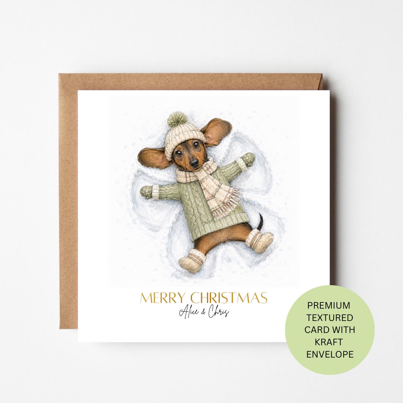 Personalised Dachshund Snow Angel Christmas Card, Watercolour Illustration, Custom Family Xmas Greeting