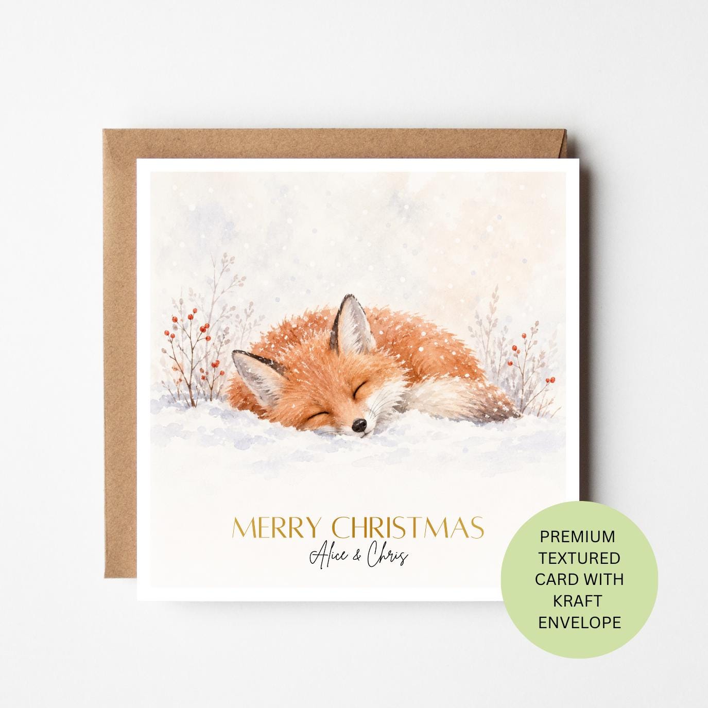 Sleeping Fox Watercolour Christmas Card, Personalised Family Couple Xmas Greeting (Textured Card)