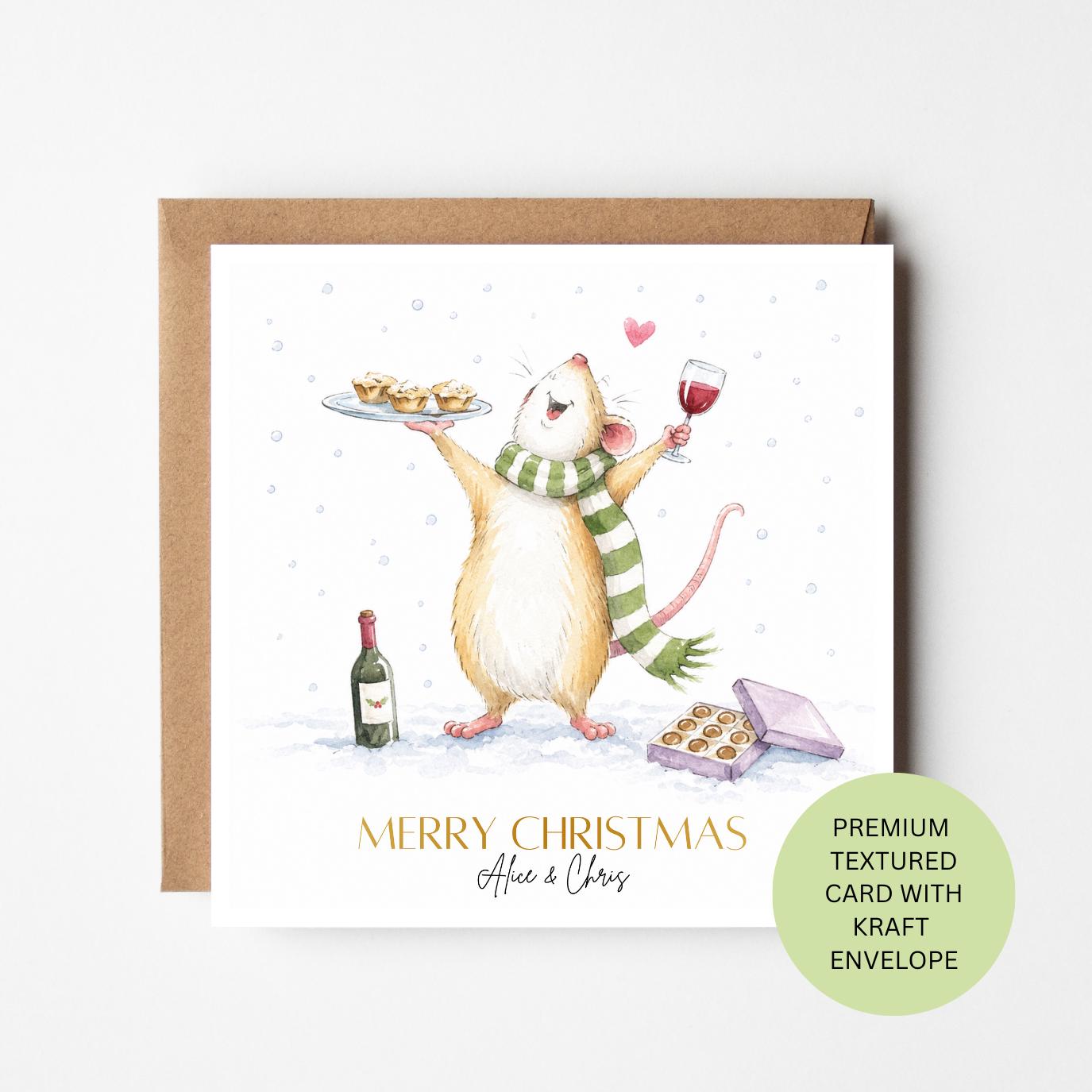 Personalised Watercolour Mouse Christmas Card, Textured Kraft Envelope