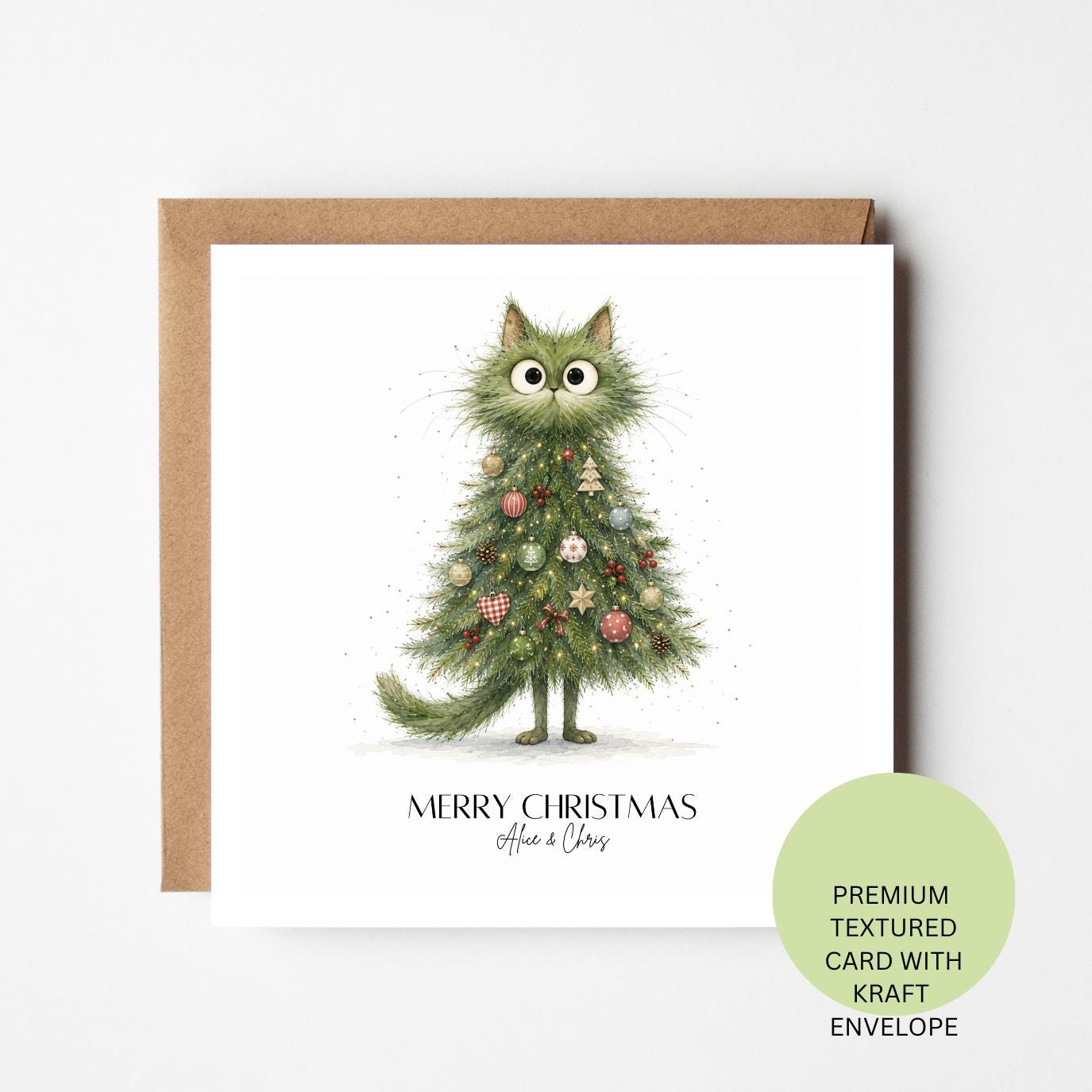Personalised Christmas Cat Tree Card, Watercolour Textured Festive Greeting (Kraft Envelope)