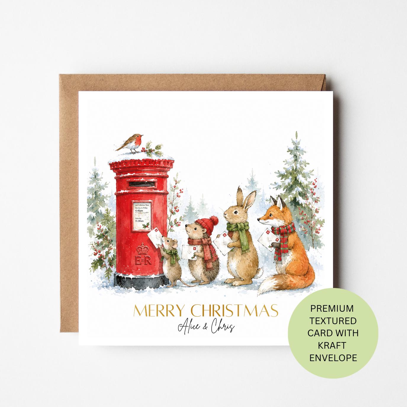 Personalised Woodland Christmas Card, Watercolour Animals, Custom Family Xmas Greeting, Kraft Envelope