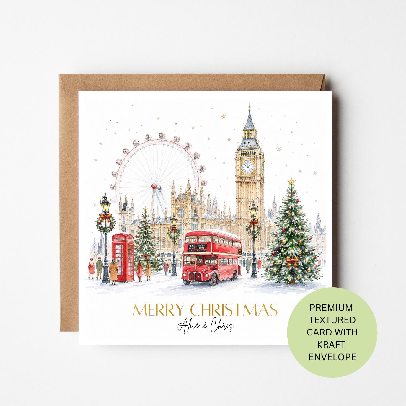 Personalised Watercolour London Christmas Card, Family Couple Xmas Greeting, Textured Kraft Envelope