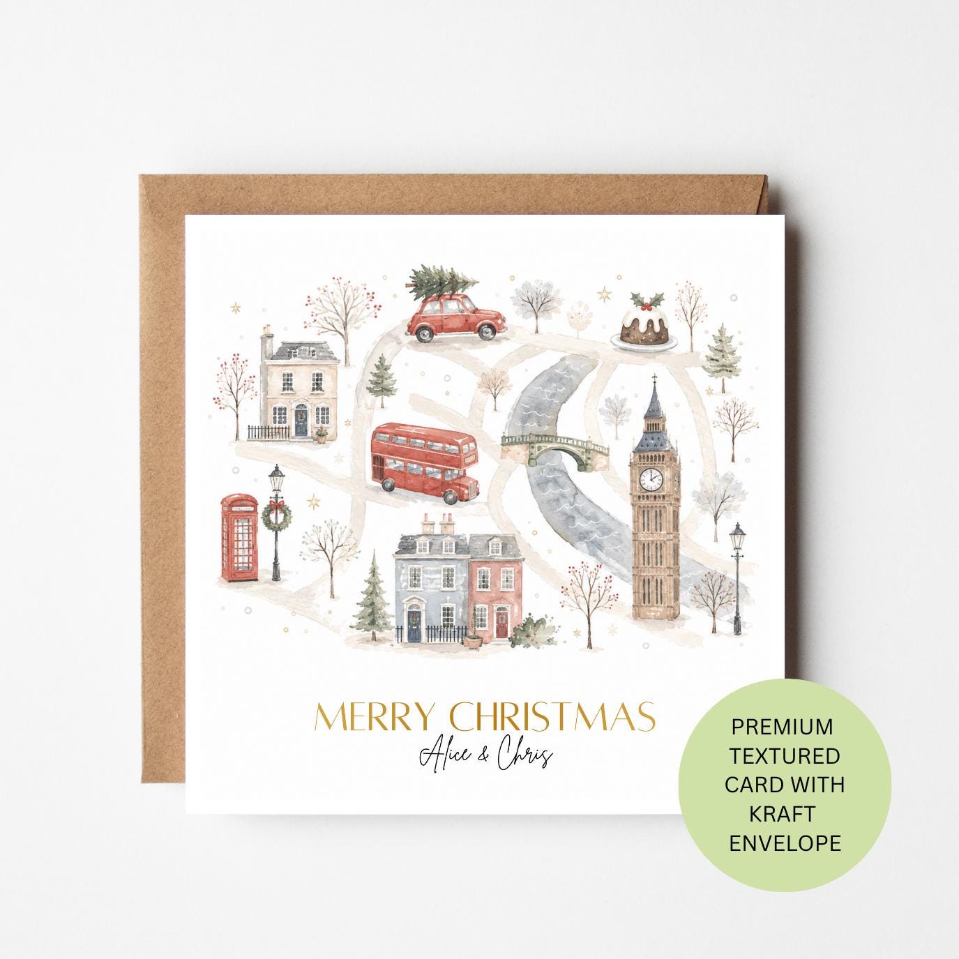 Personalised London Christmas Card, Watercolour Map Design, Family Couple Xmas Greeting
