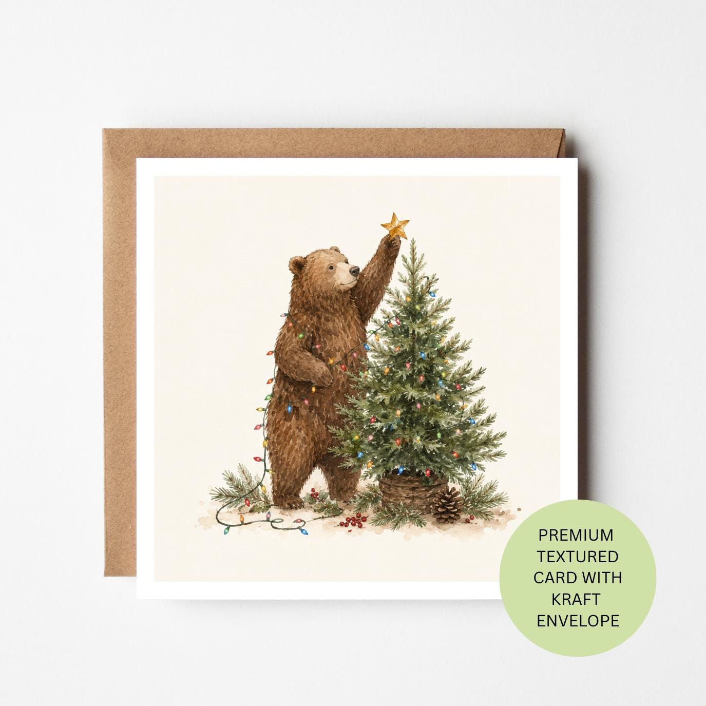 Personalised Bear Decorating Tree Christmas Card, Watercolour Textured Greeting, Custom Family Xmas