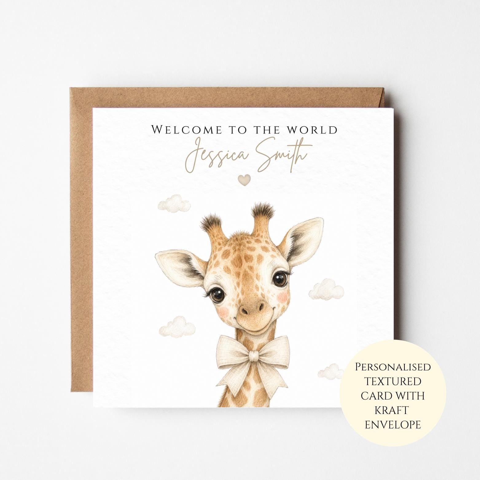 Personalised New Baby Card, Welcome To The World Card, Giraffe Newborn Congratulations, Neutral Safari Baby Keepsake