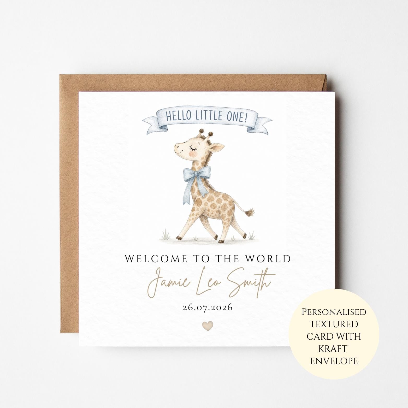 Personalised Baby Boy Card, Welcome To The World Card, New Baby Congratulations, Giraffe Newborn Card, Welcome Little One