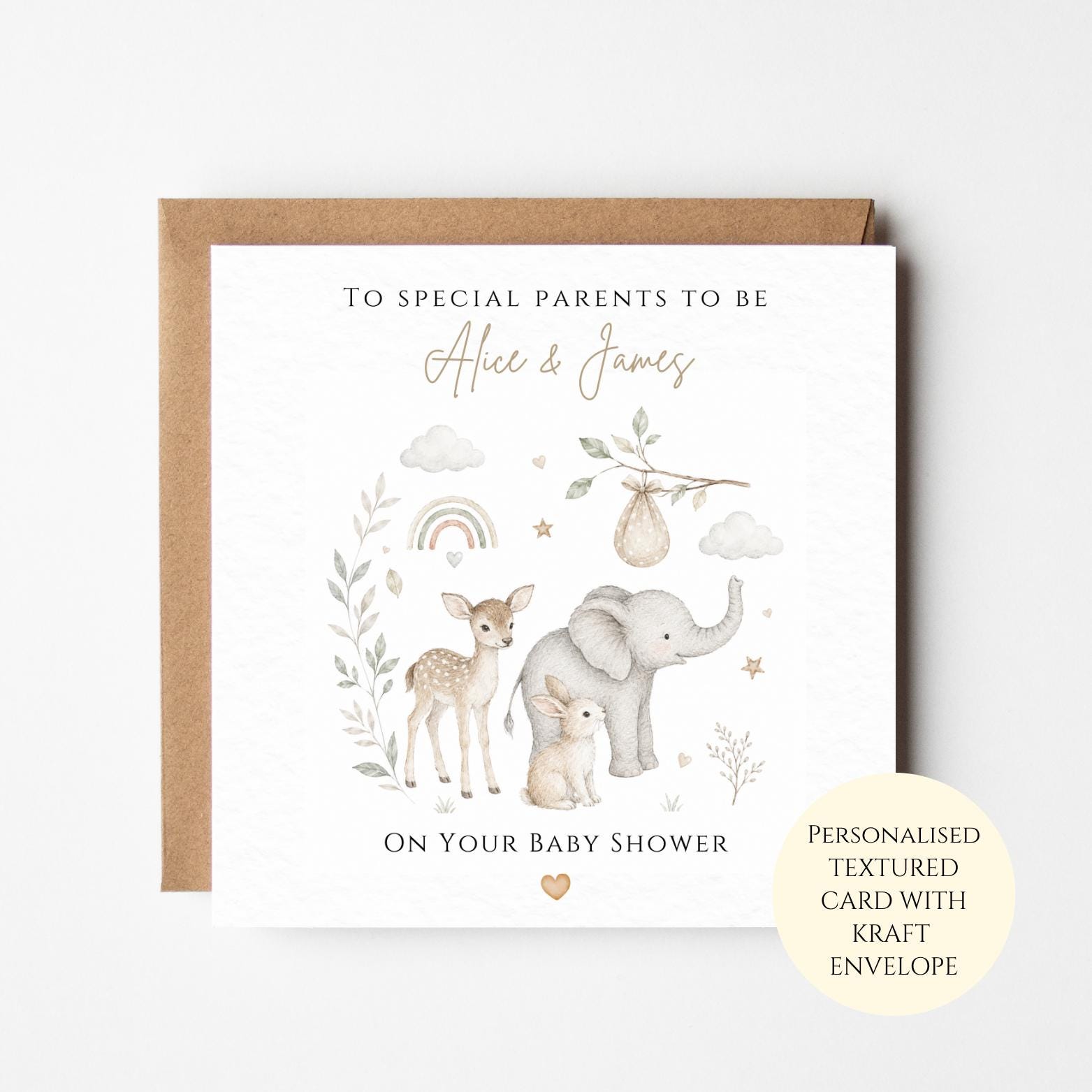 Personalised Woodland Baby Shower Card, Neutral Animal Parents To Be Congratulations