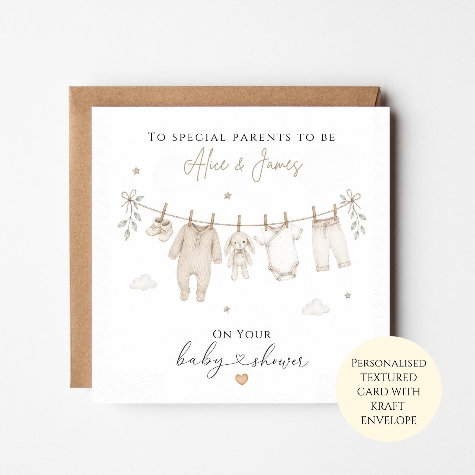 Personalised Baby Shower Card, Bunny Clothes Line, Neutral Congratulations Keepsake