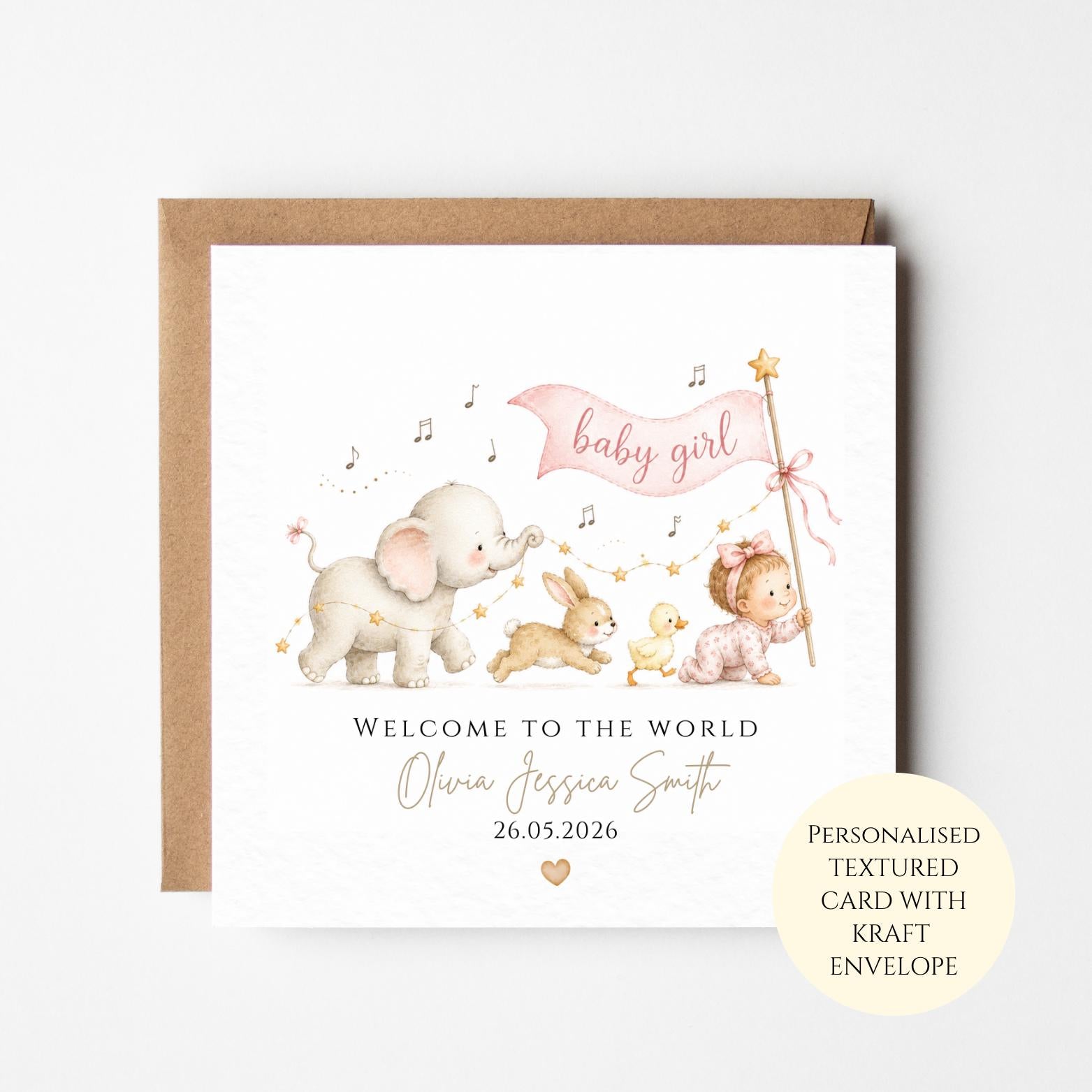 Personalised Baby Girl Card, Elephant Bunny Parade Congratulations Keepsake