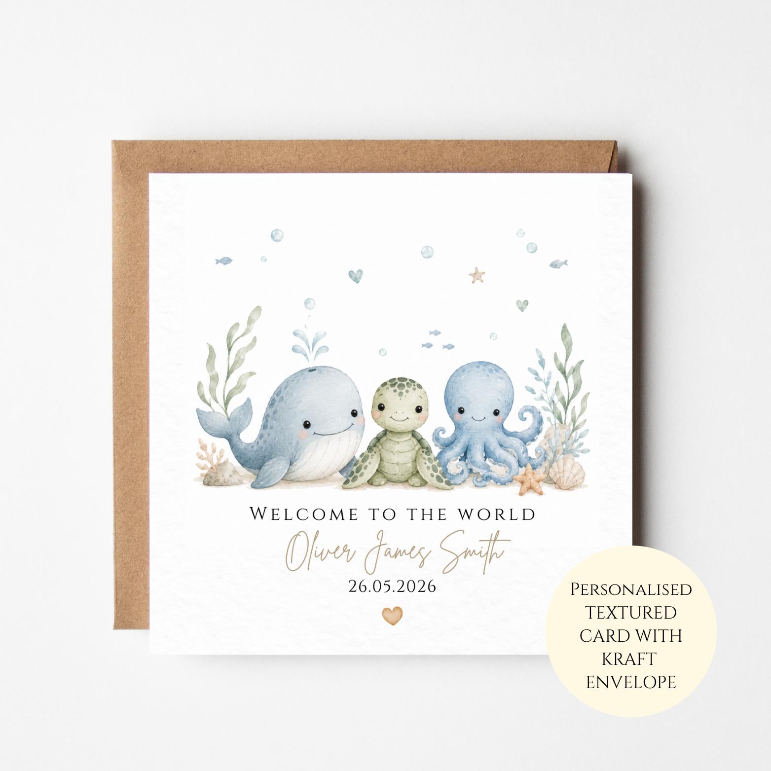 Personalised New Baby Card, Sea Life Welcome To The World Congratulations Keepsake