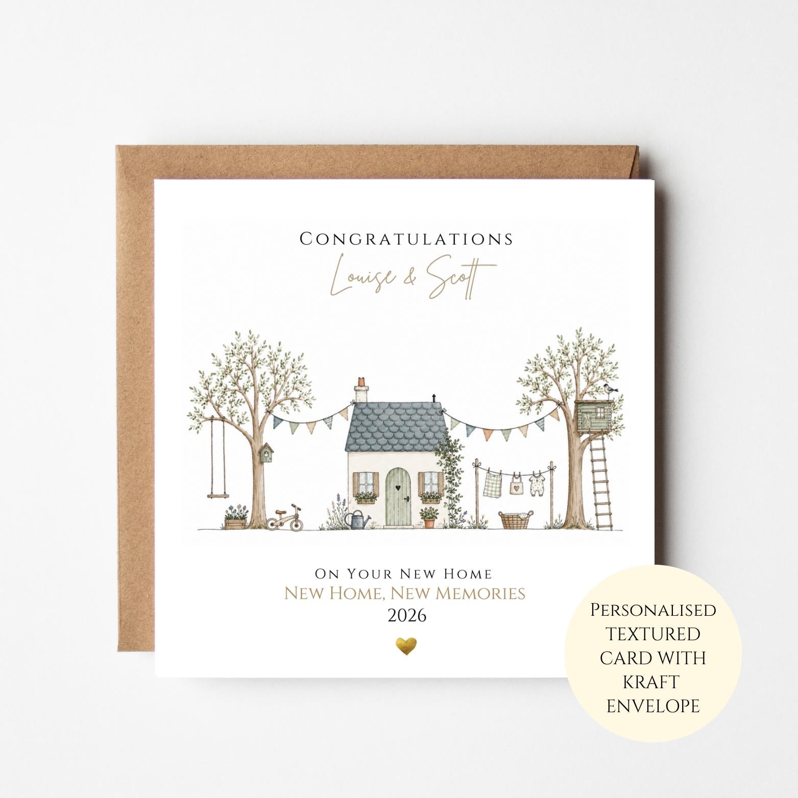 Personalised Family New Home Card, Cottage Housewarming Card, Congratulations New House, First Home Gift with Treehouse