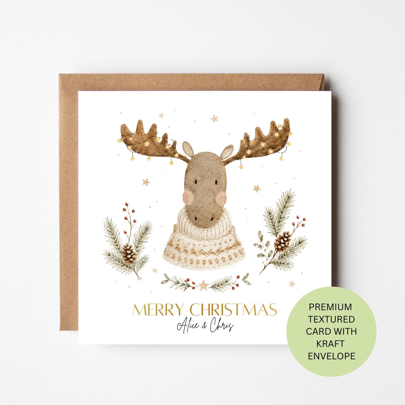 Personalised Moose Christmas Card, Watercolour Woodland Animal, Fair Isle Jumper, Textured Card