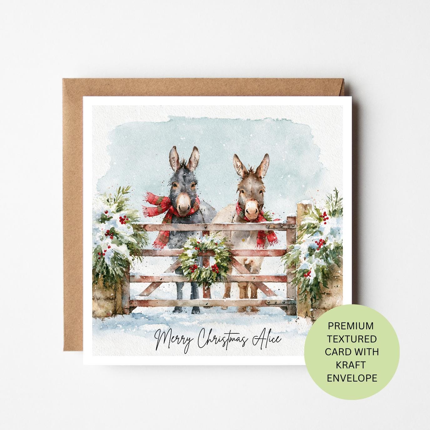 Personalised Donkey Christmas Card, Snowy Farm Gate Watercolour Card