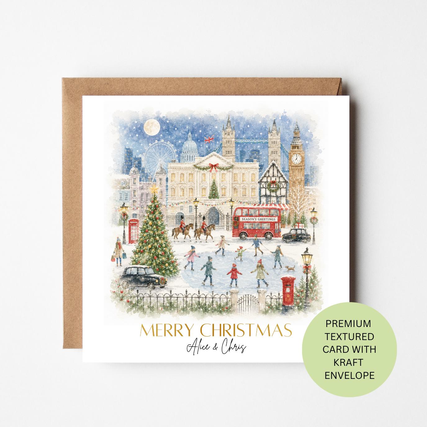 Personalised London Christmas Card, Ice Skating Landmarks Watercolour Card