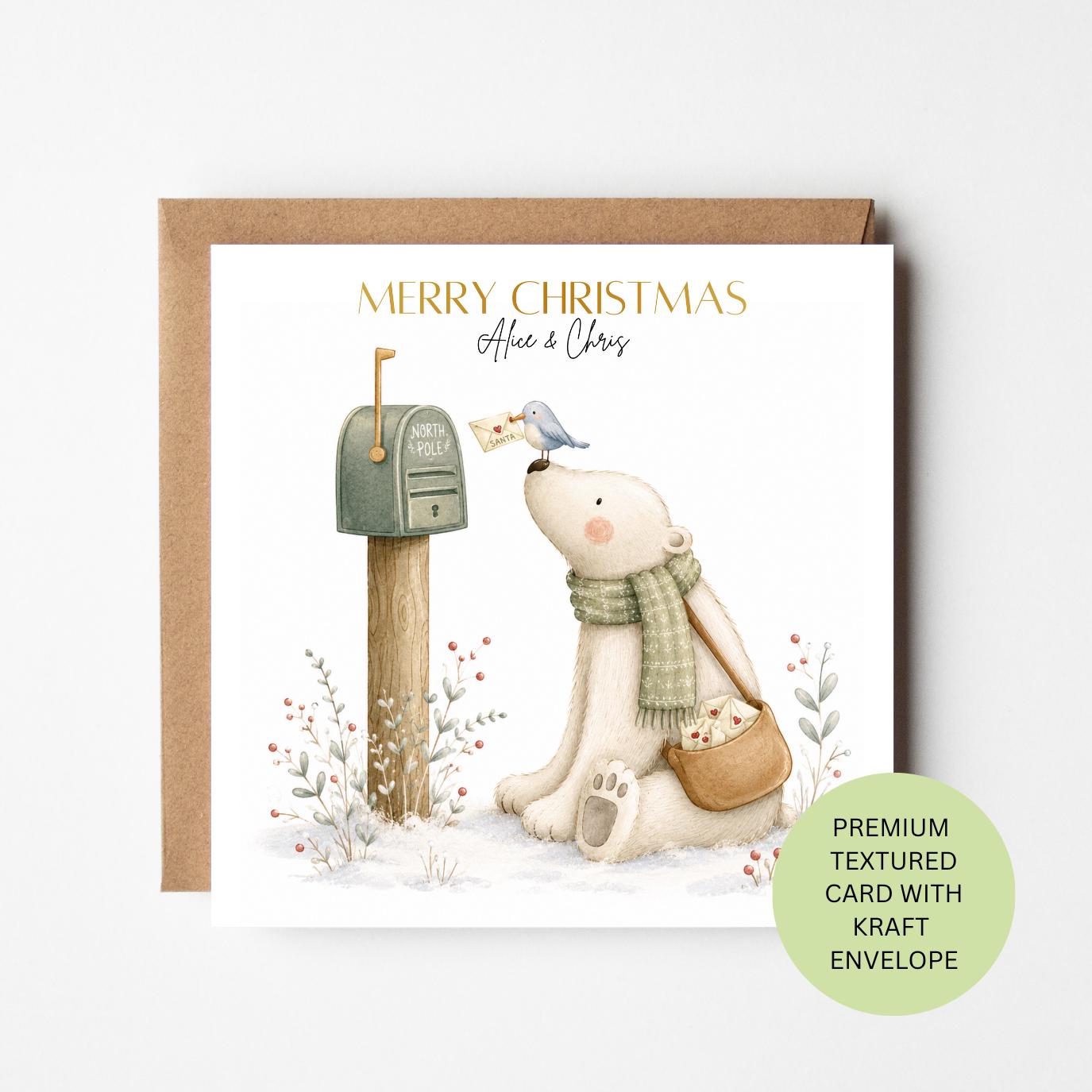 Personalised Polar Bear Christmas Card, Watercolour North Pole Mail, Textured Festive Design