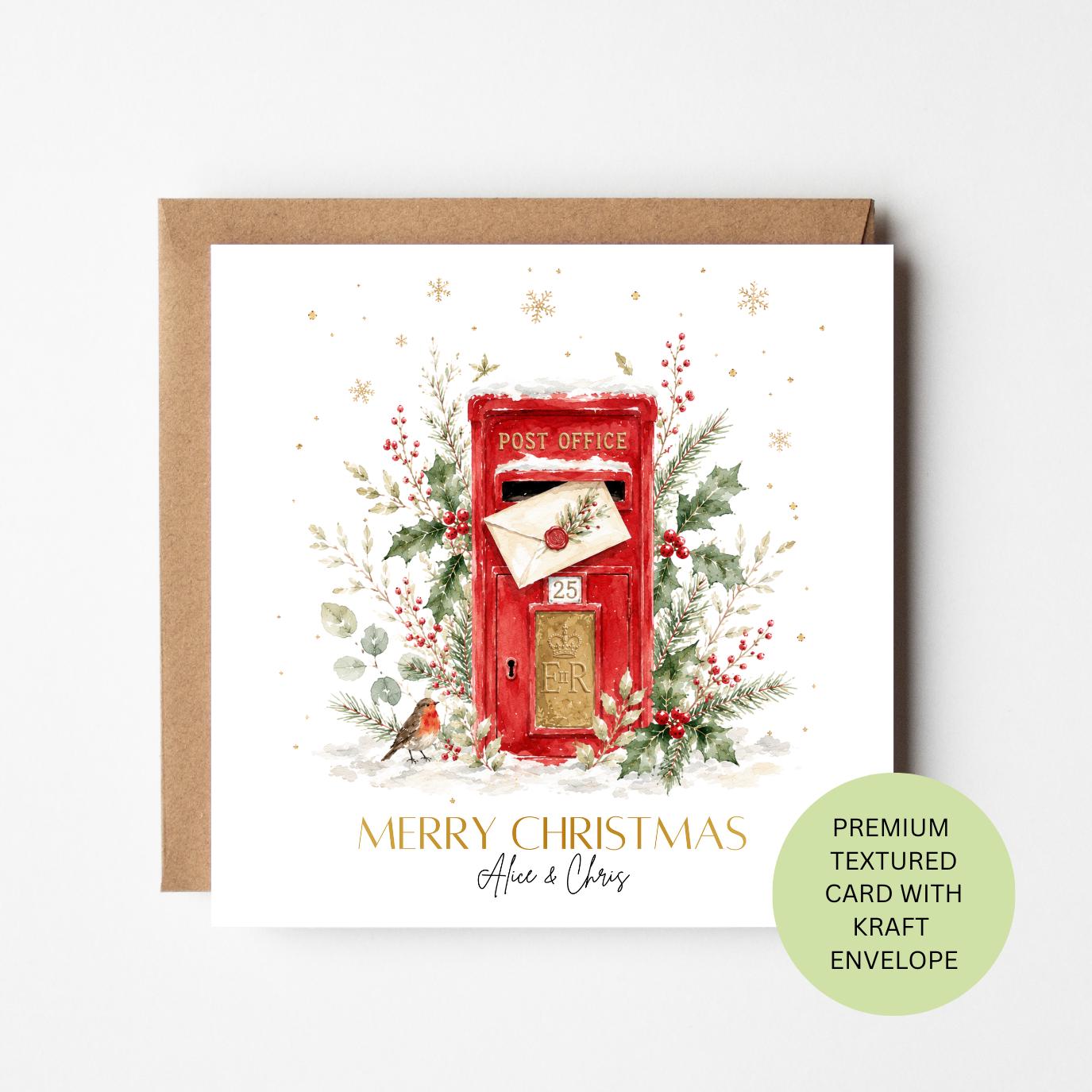 Personalised Watercolour Postbox Christmas Card, Robin Mail Design, Textured Kraft Envelope