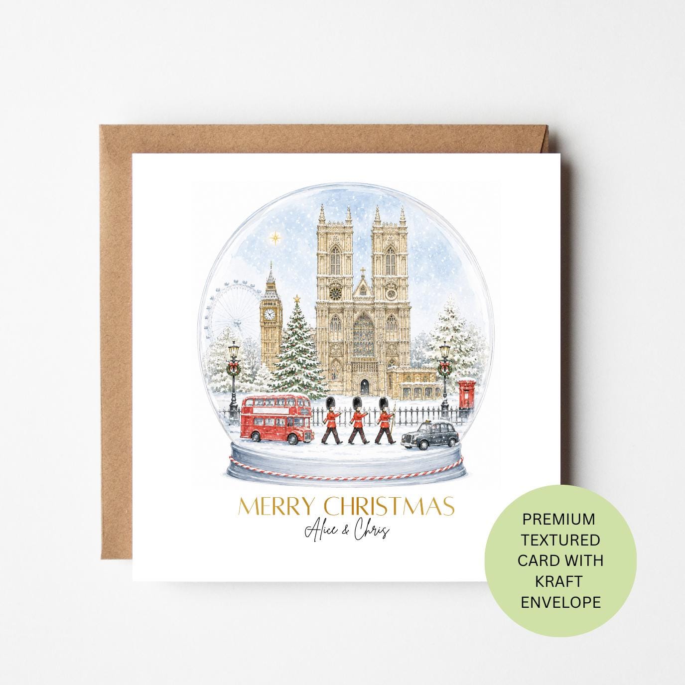 Personalised London Snow Globe Christmas Card, Watercolour Westminster Scene, British Festive Greeting