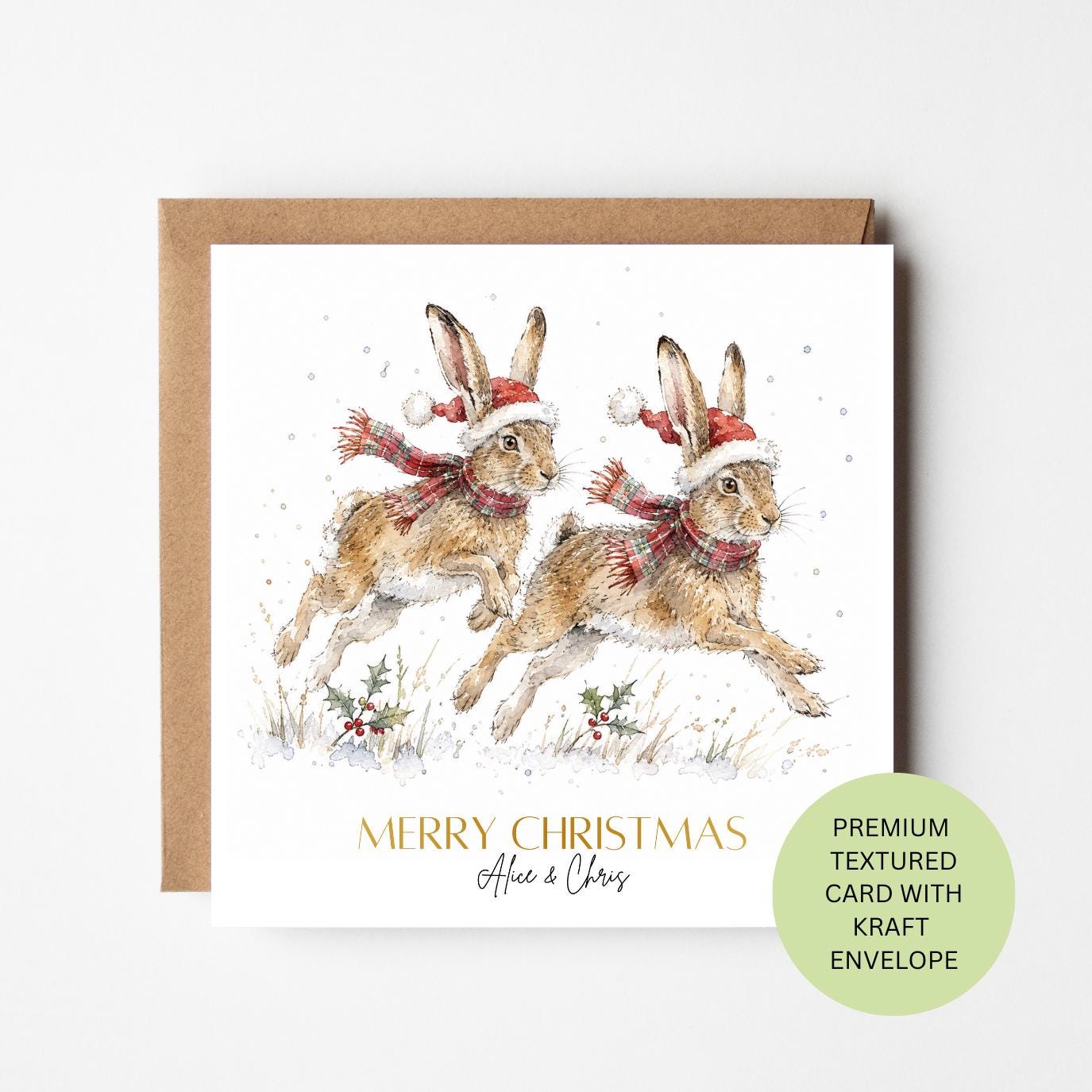 Personalised Hare Christmas Card, Santa Hat Hares Watercolour Card