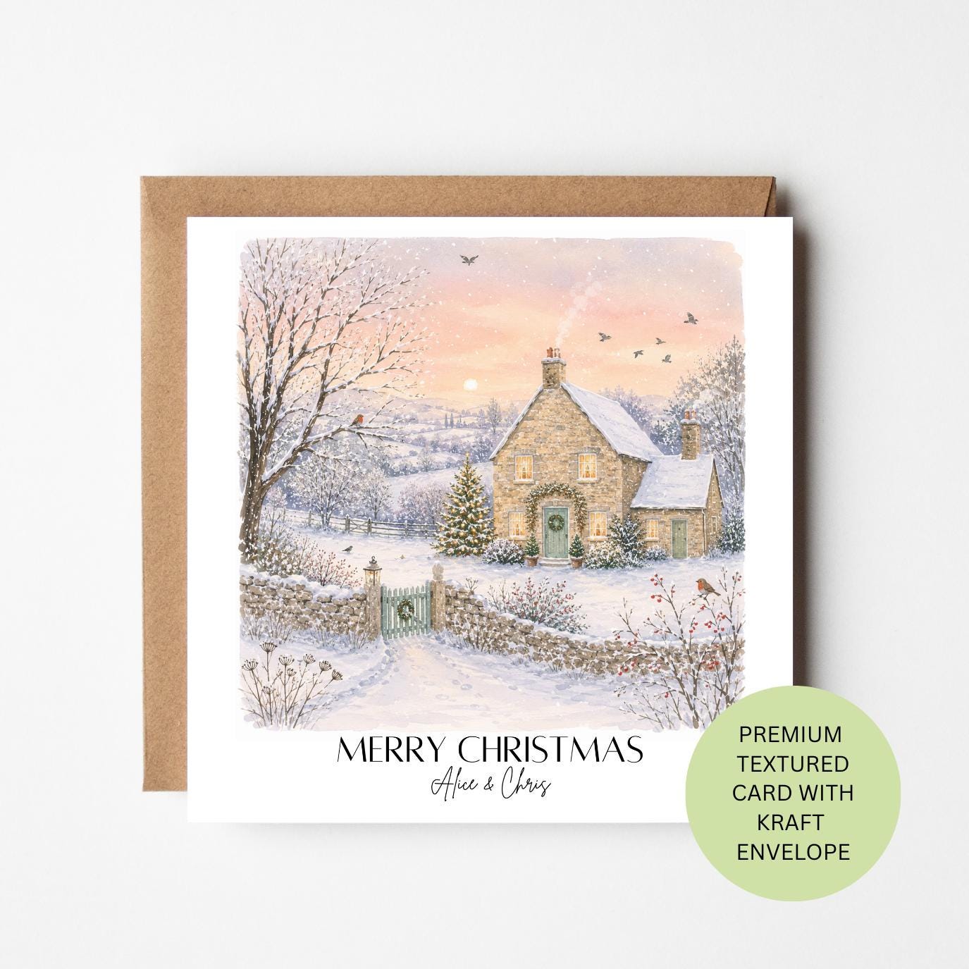 Personalised Watercolour Snowy Cottage Christmas Card, Rural Sunset Festive Keepsake