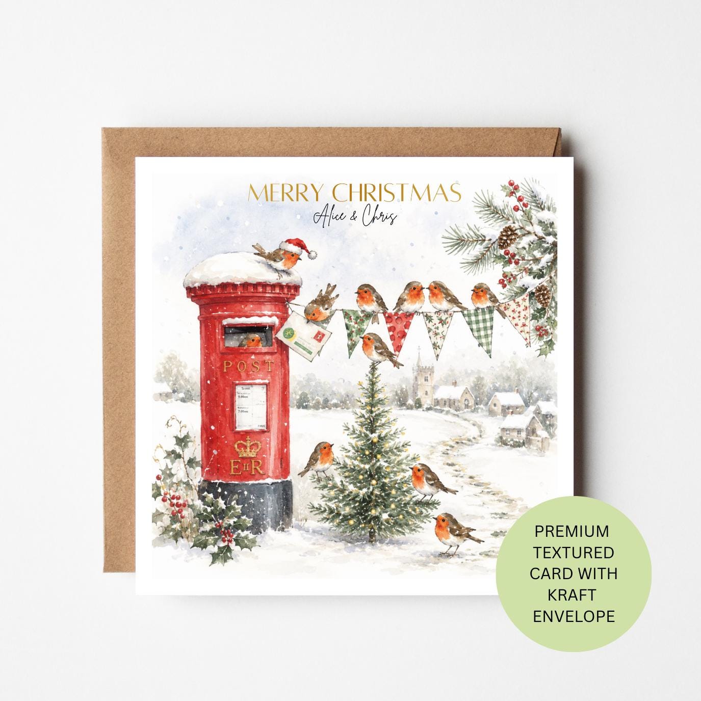 Personalised Robin Post Box Christmas Card, Watercolour Village Scene, Textured Card, Bird Lover Greetings
