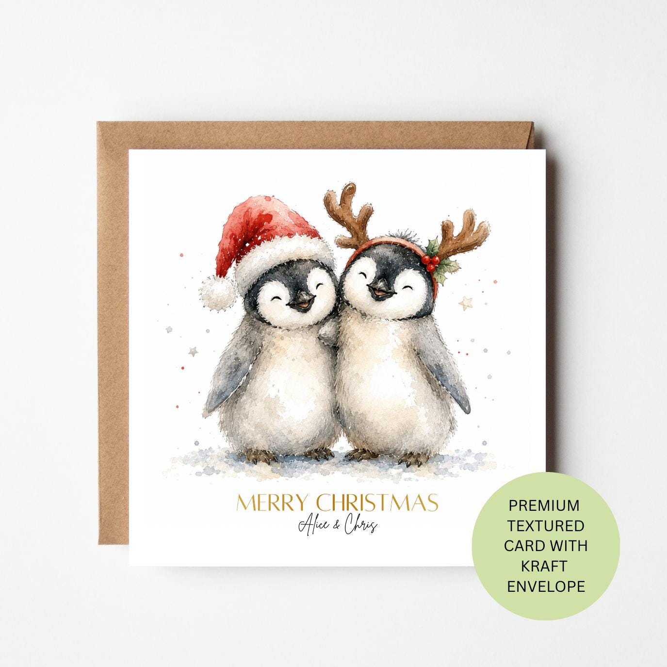 Penguin Couple Christmas Card, Watercolour Festive Penguins, Textured Card, Personalised Greeting
