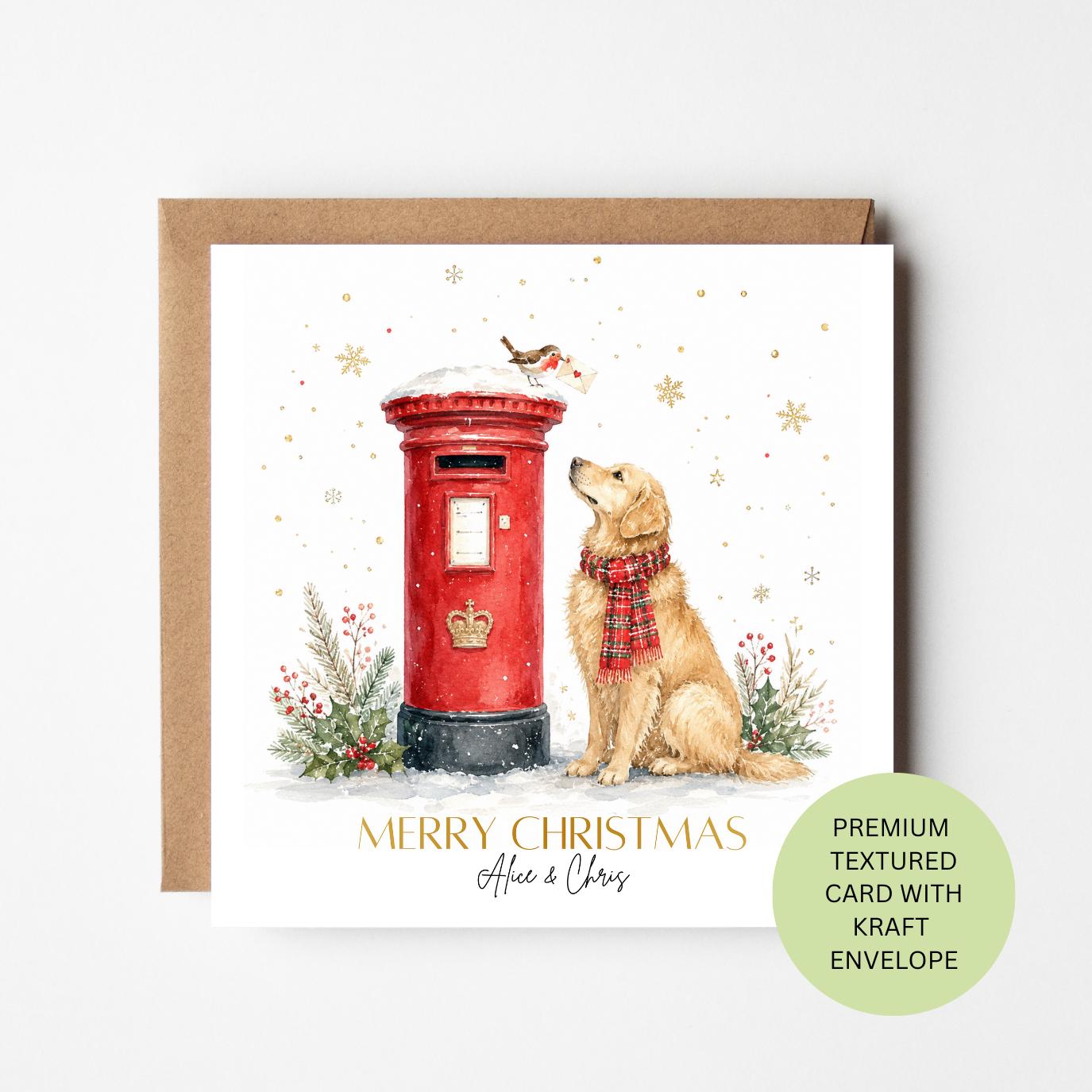 Personalised Golden Retriever Christmas Card, Watercolour Dog, Post Box, Textured Kraft Envelope