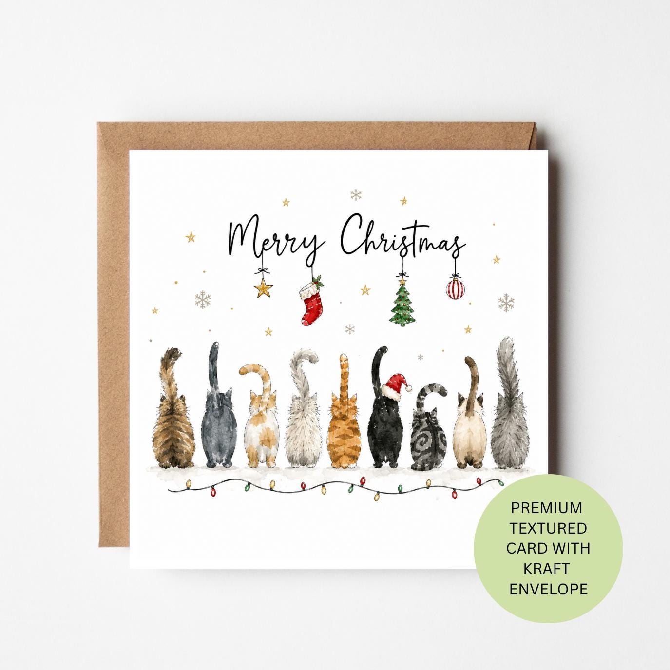 Personalised Nine Cat Watercolour Christmas Card, Multi Cat Household Festive Greeting