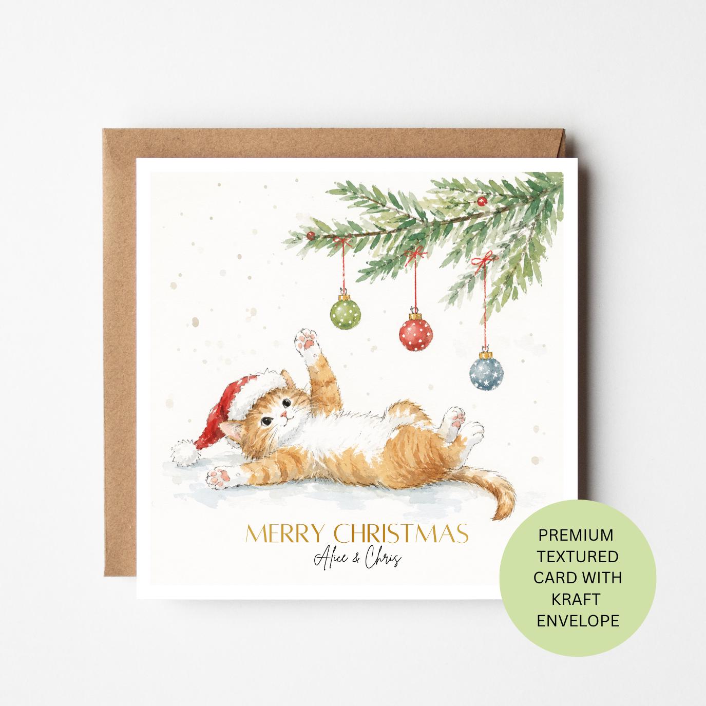 Personalised Ginger Cat Christmas Card, Watercolour Kitten Santa Hat, Textured Kraft Envelope