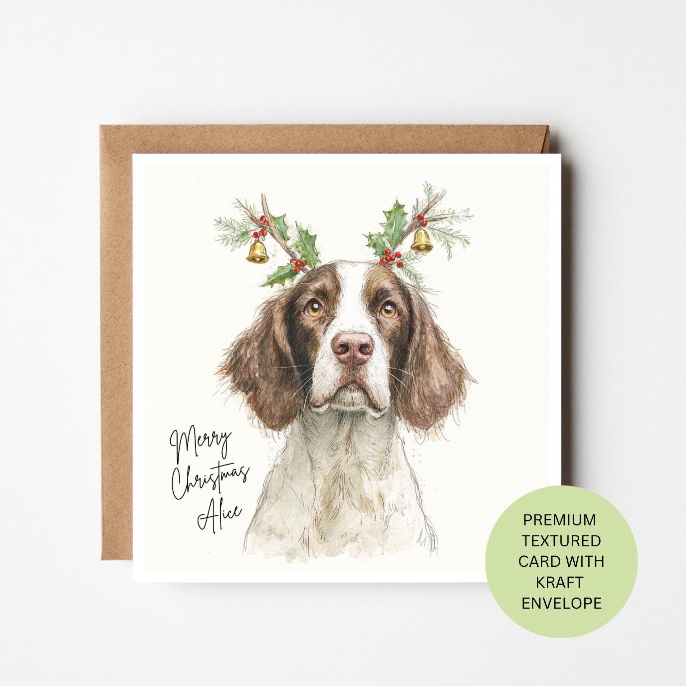 English Springer Spaniel Watercolour Christmas Card, Holly Antlers Dog Lover Gift