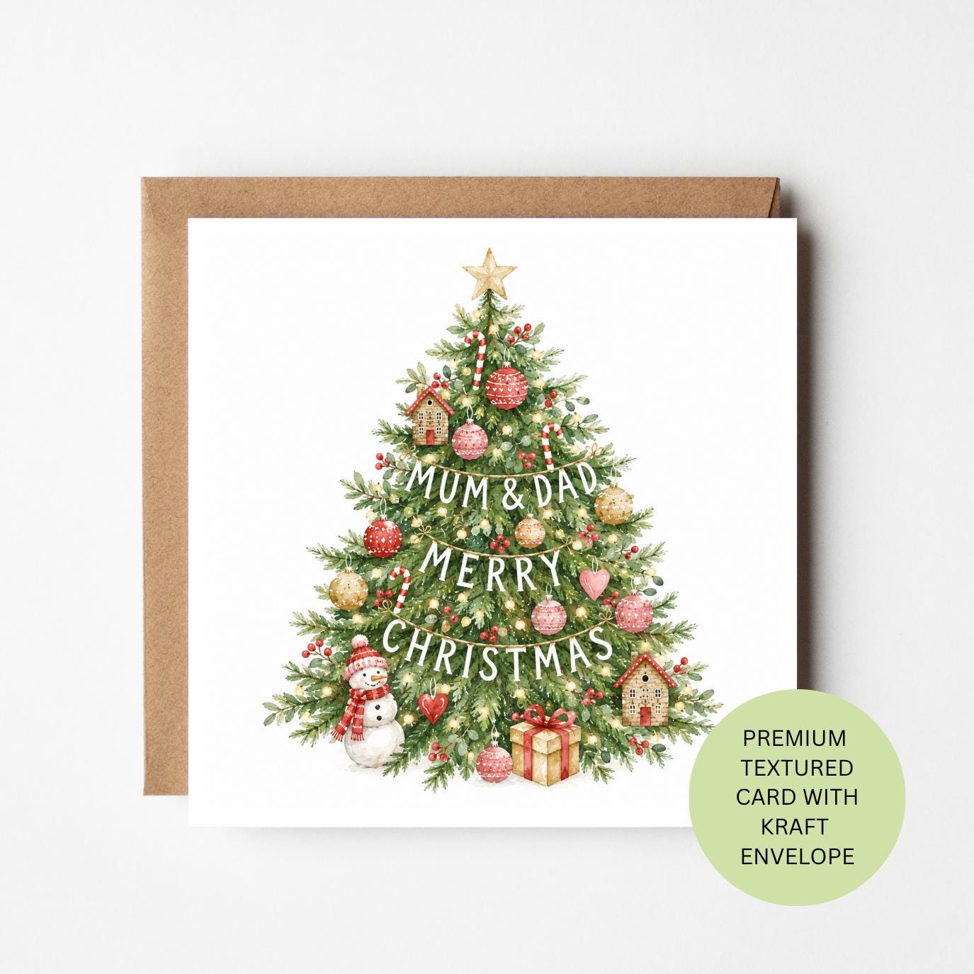 Personalised Mum and Dad Christmas Card, Watercolour Tree, Textured Festive Keepsake (Kraft Envelope)