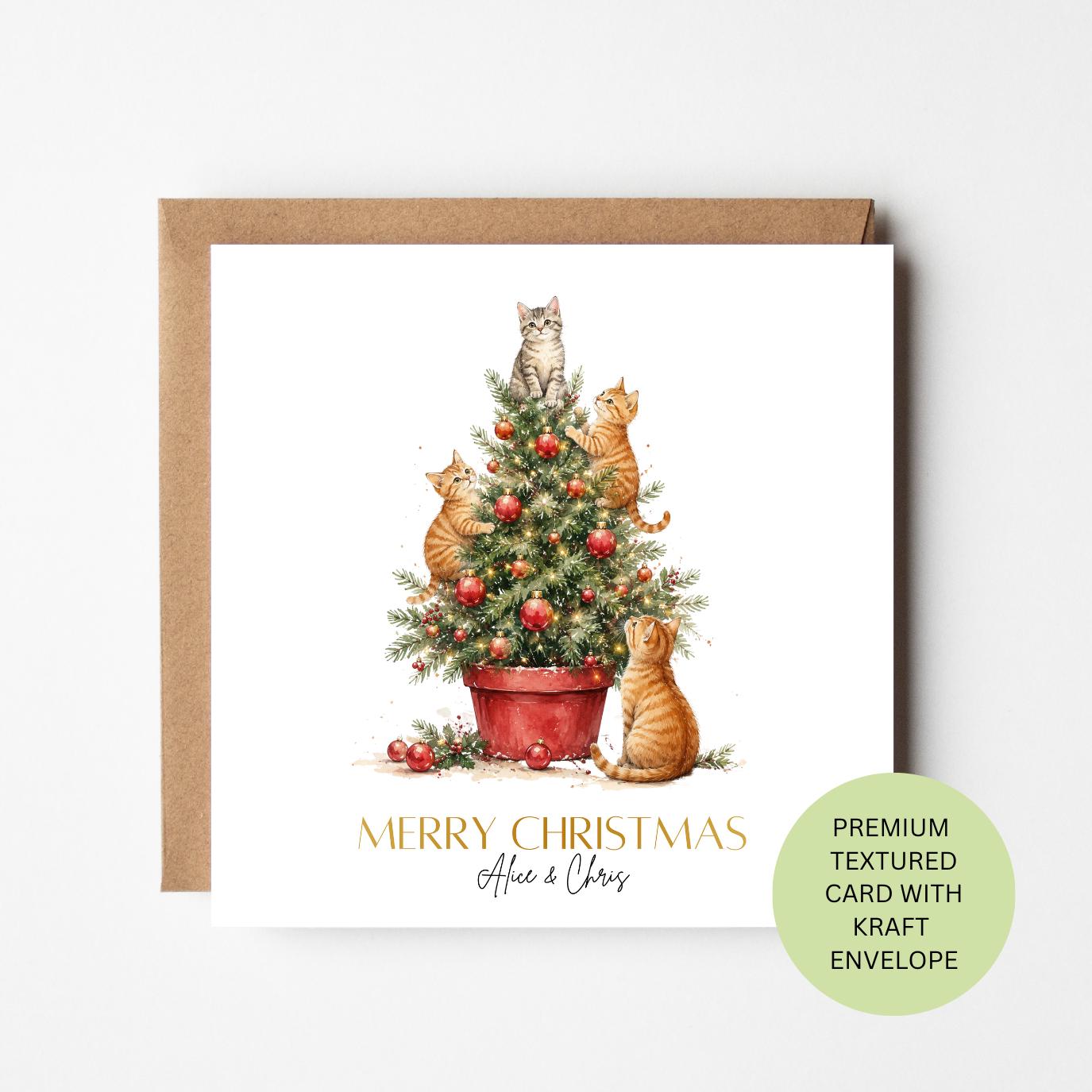 Personalised Watercolour Cats Christmas Card, Kittens Climbing Tree, Textured (Kraft Envelope)