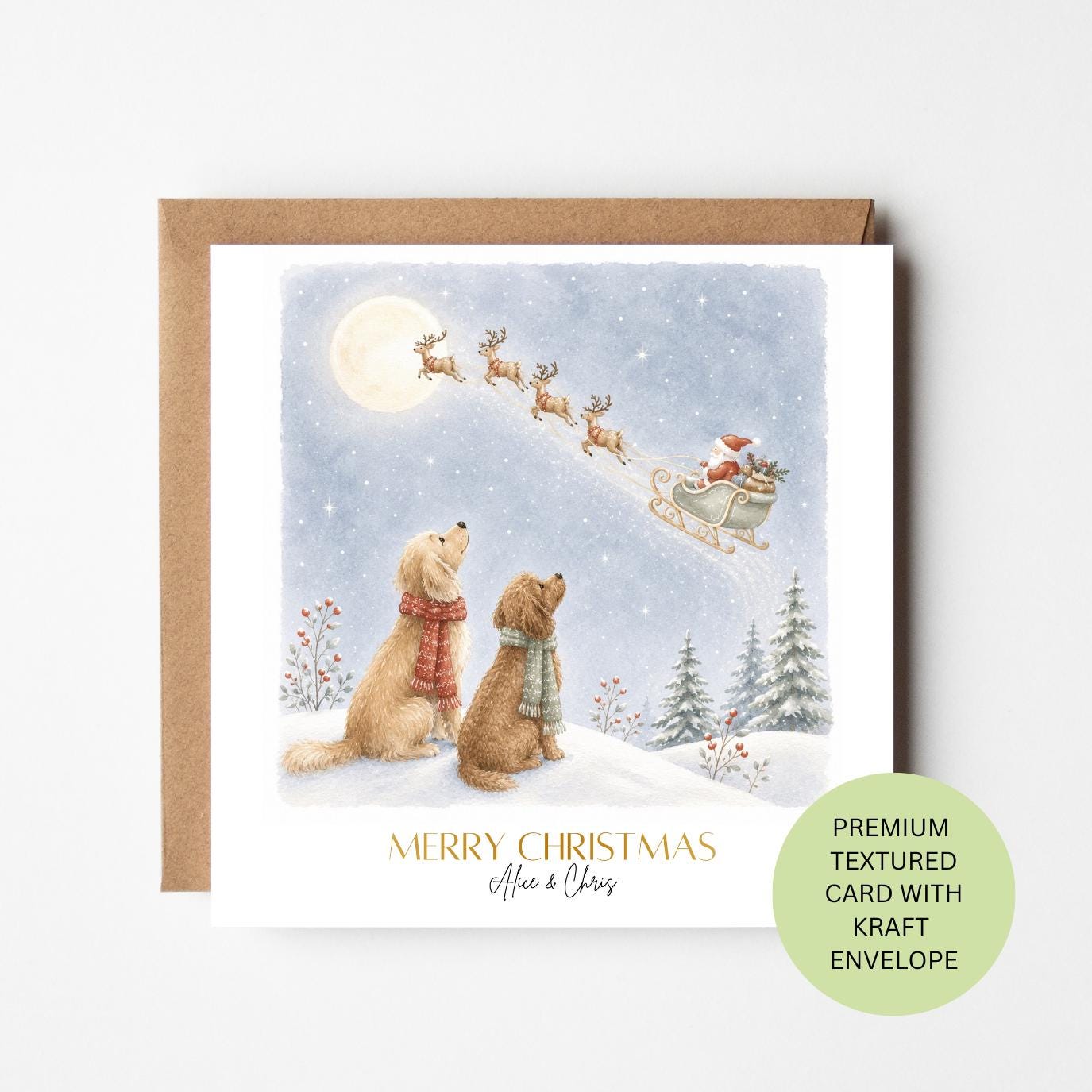 Personalised Dog Couple Christmas Card, Watercolour Dogs Watching Santa Sleigh, Textured Festive Keepsake