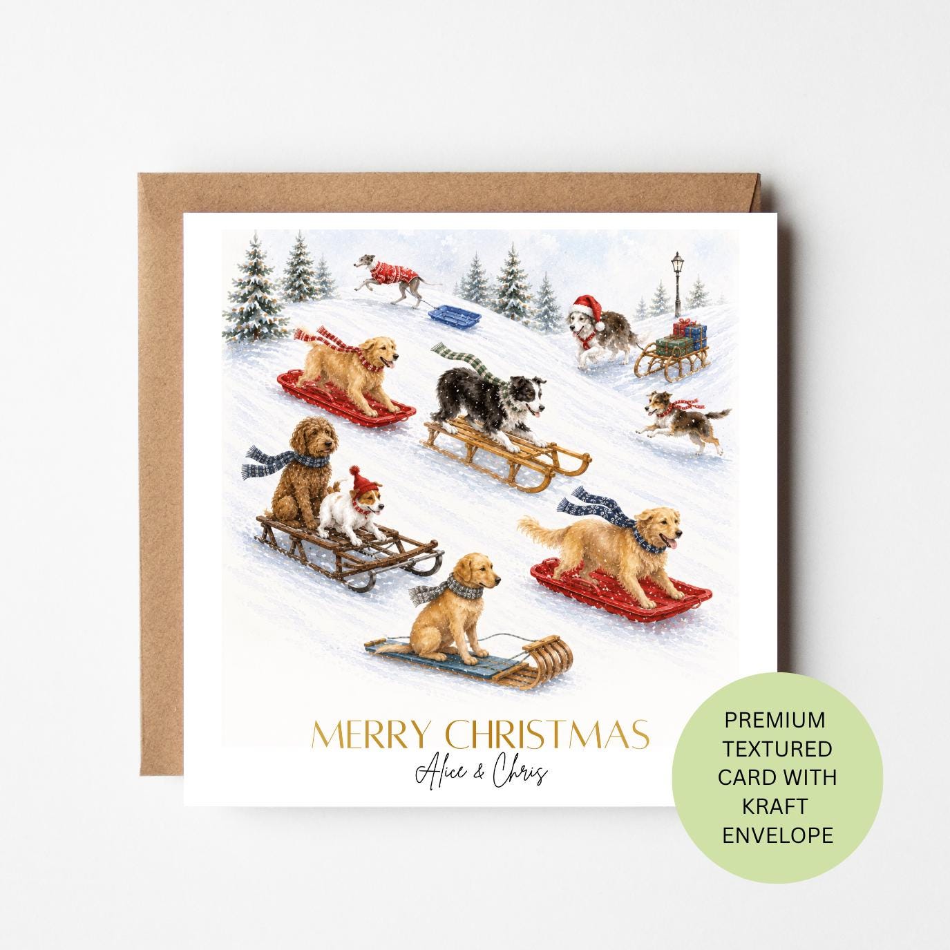 Personalised Watercolour Dogs Sledging Christmas Card, Multi Breed Winter Fun, Textured Greeting