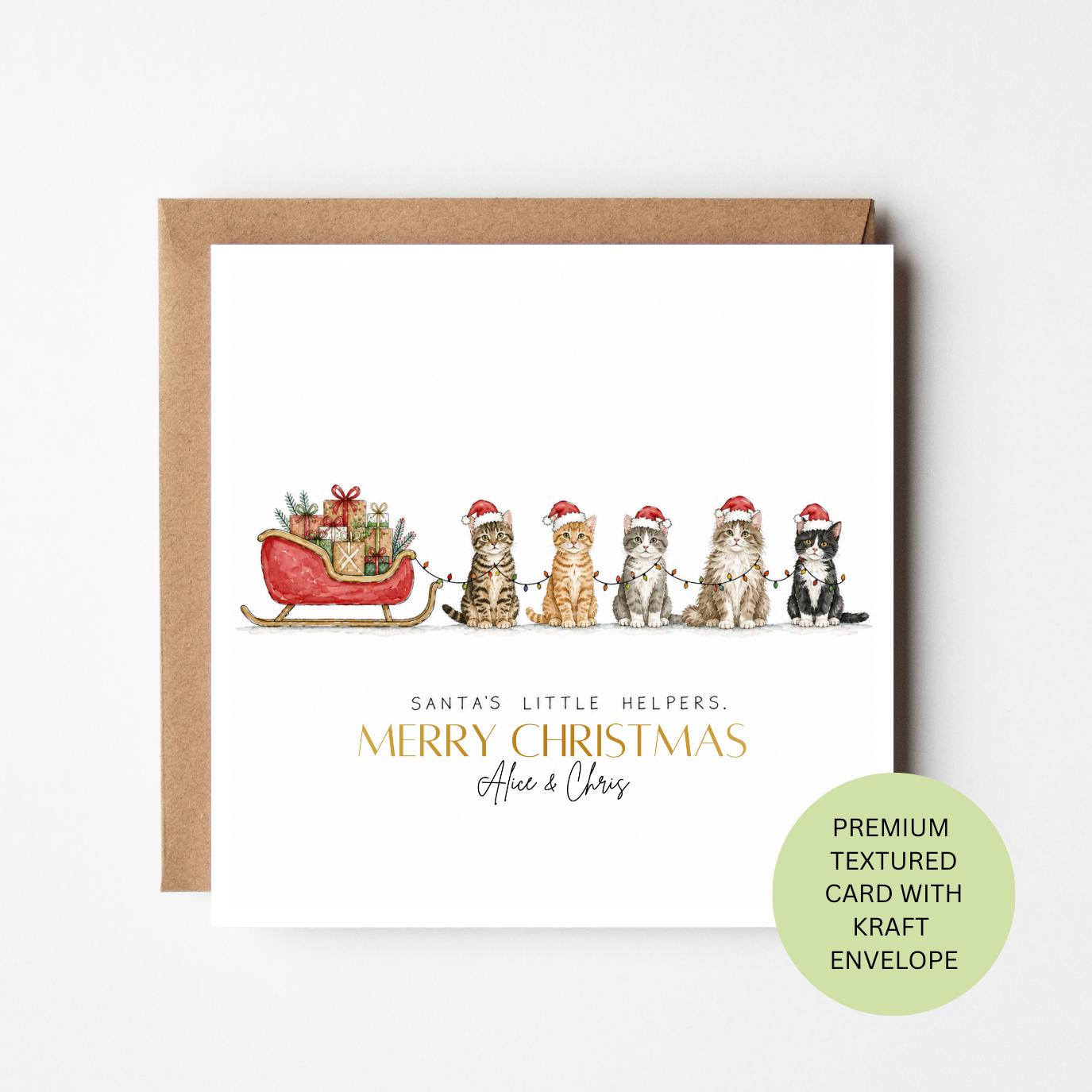 Personalised Watercolour Kittens Christmas Card, Santa Sleigh Festive Greeting