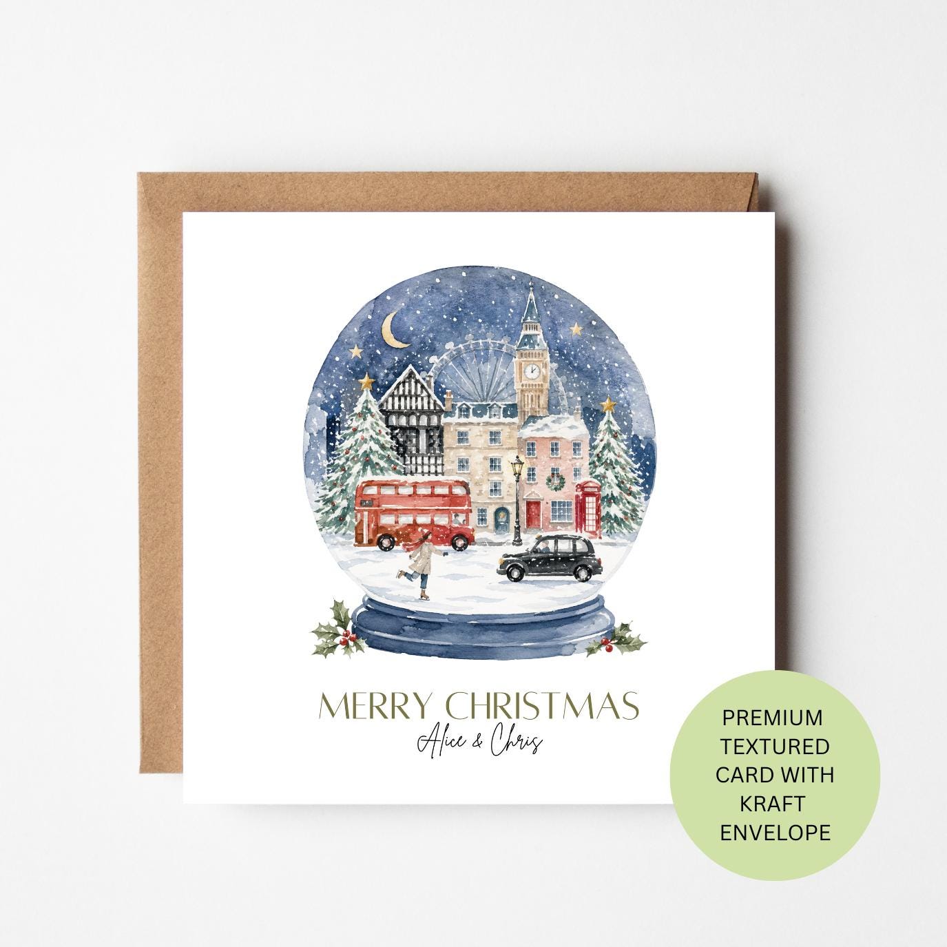 Personalised London Christmas Card, Watercolour Big Ben Snow Globe, Textured Kraft Envelope