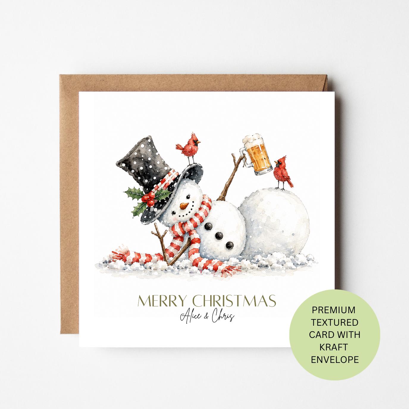 Personalised Funny Snowman Christmas Card, Beer Watercolour Design, Elegant Textured Festive Card