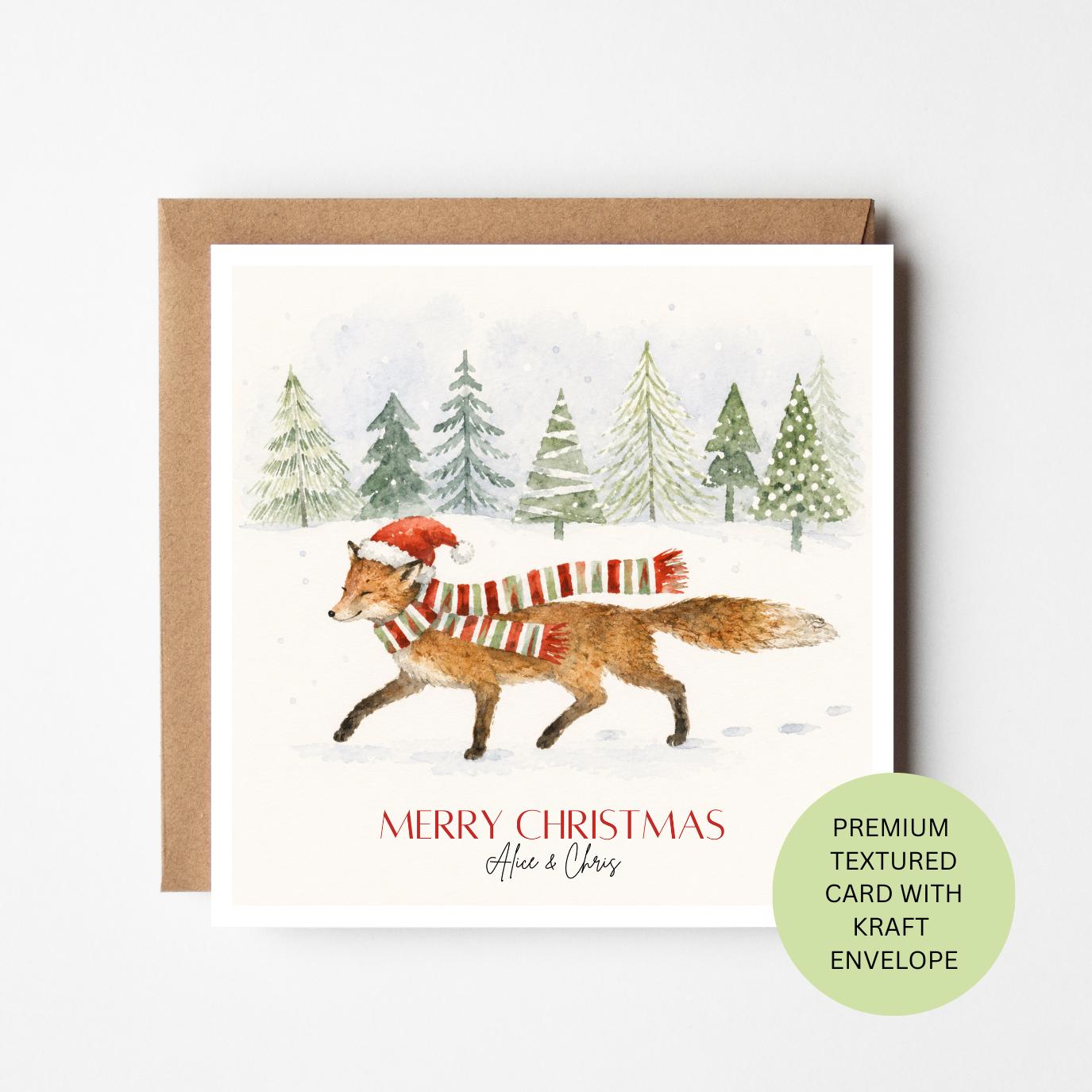 Personalised Fox Christmas Card, Snowy Woodland Watercolour, Elegant Textured Festive Wildlife Card