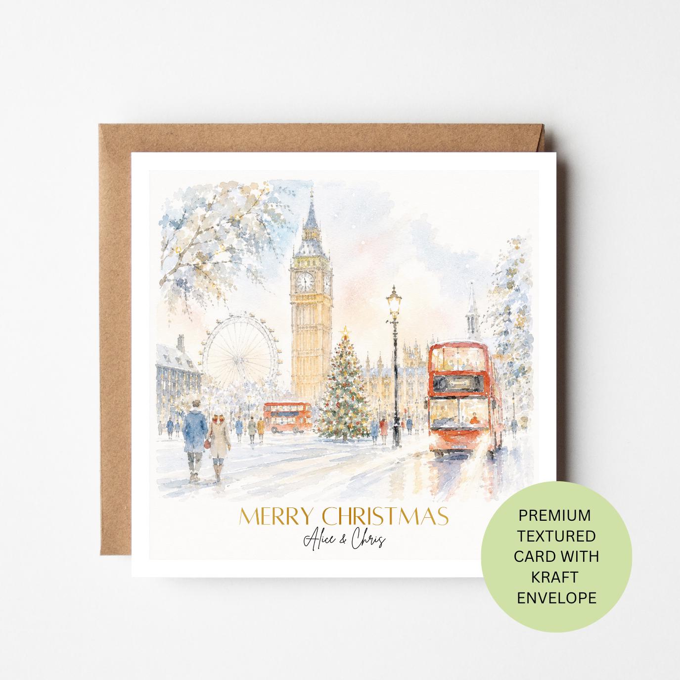 Personalised London Christmas Card, Big Ben Red Bus Watercolour, Textured Kraft Envelope